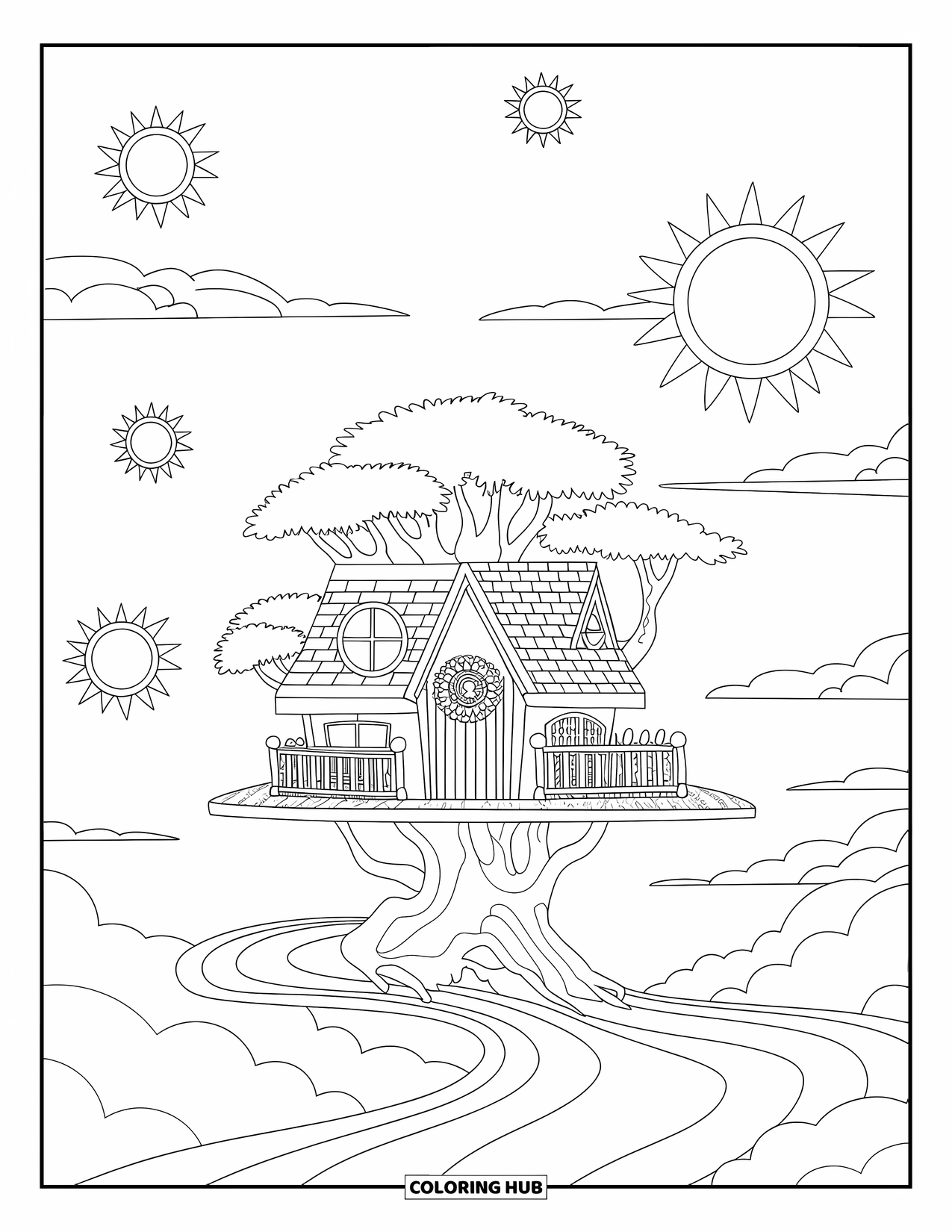 Trippy Stoner Coloring Page for Kids: A playful treehouse among clouds and shining suns