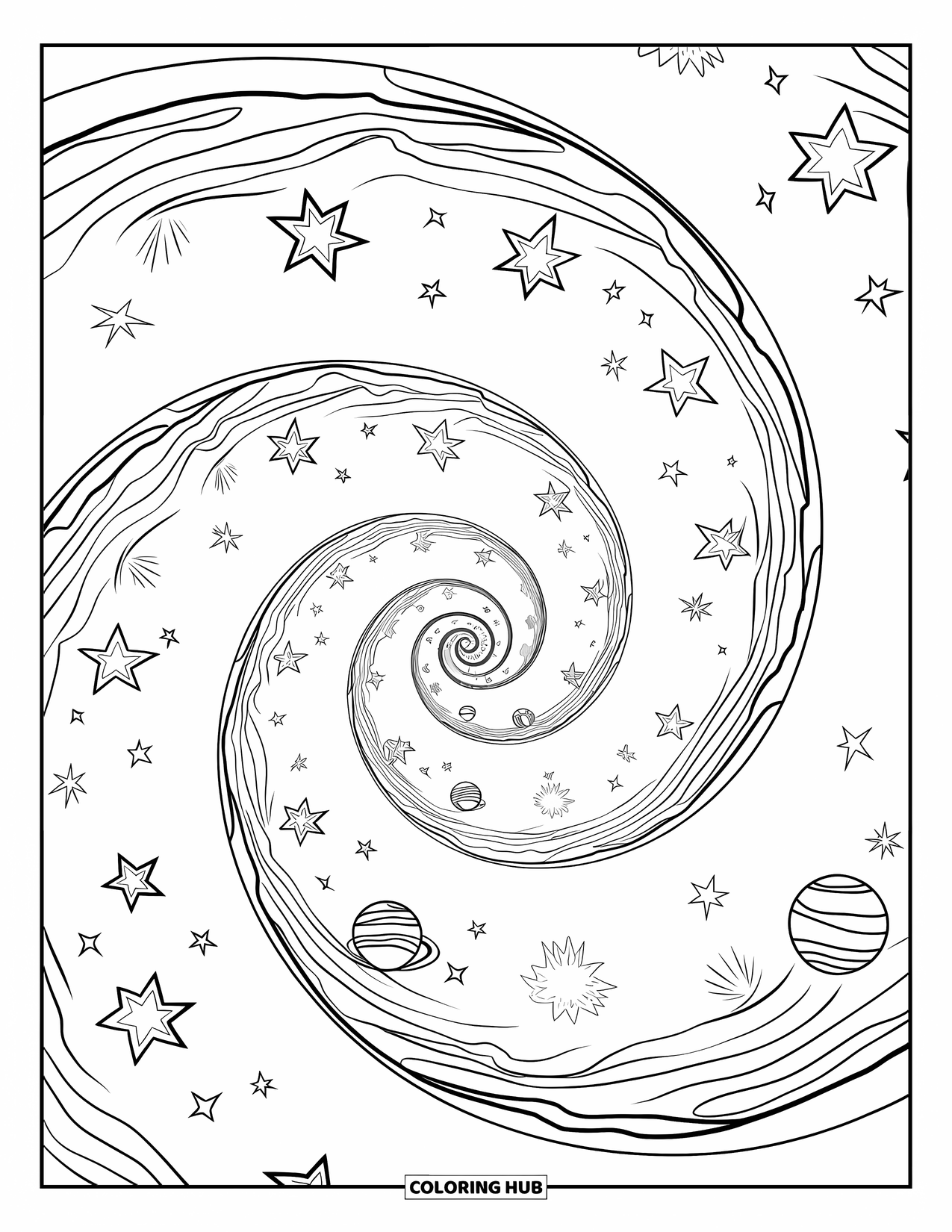 Trippy Stoner Coloring Page for Kids: A spiral path winds among floating stars and planets