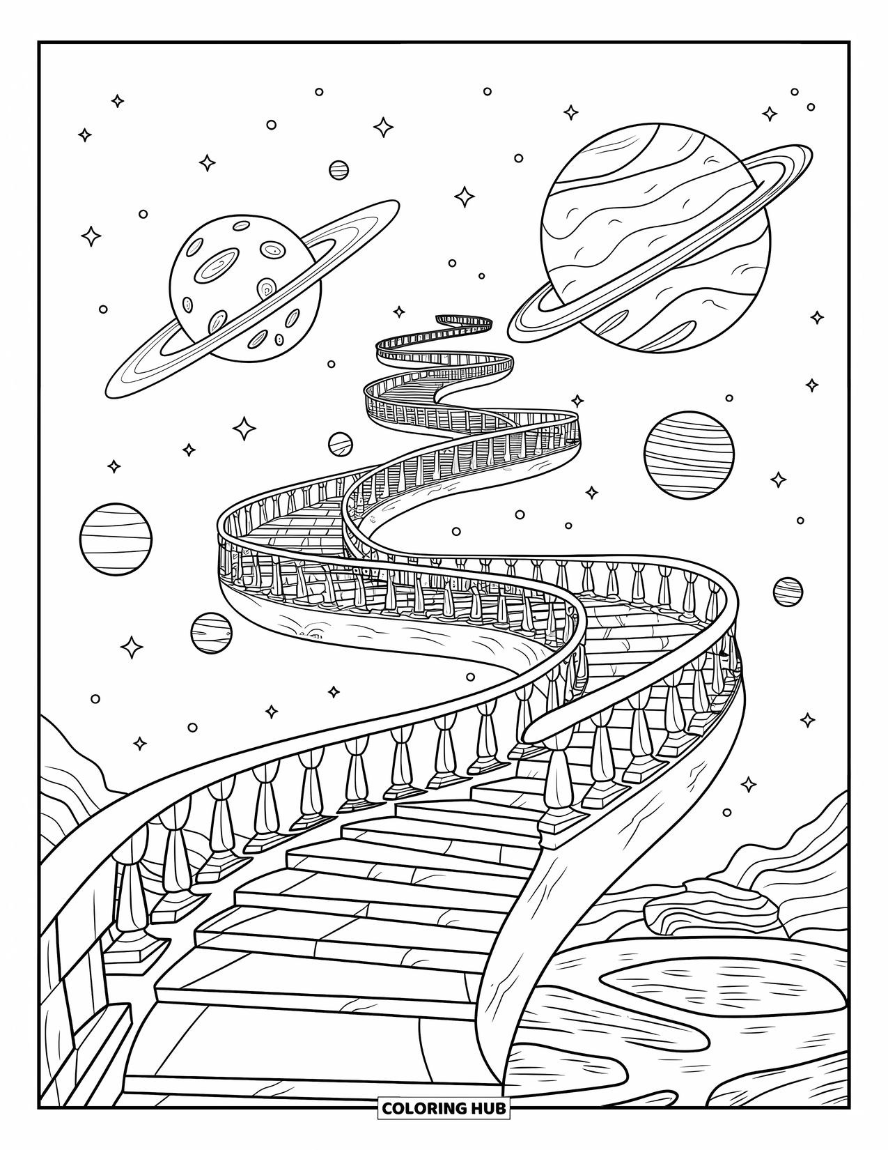 Trippy Stoner Coloring Page for Kids: A stone staircase twists upward among detailed planets