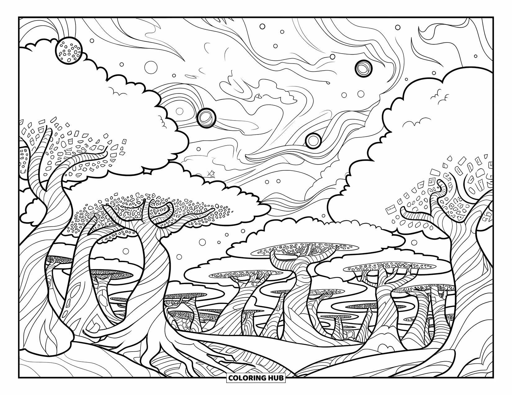 Trippy Stoner Coloring Page for Kids: A tunnel of spiraling trees under swirling cosmic skies
