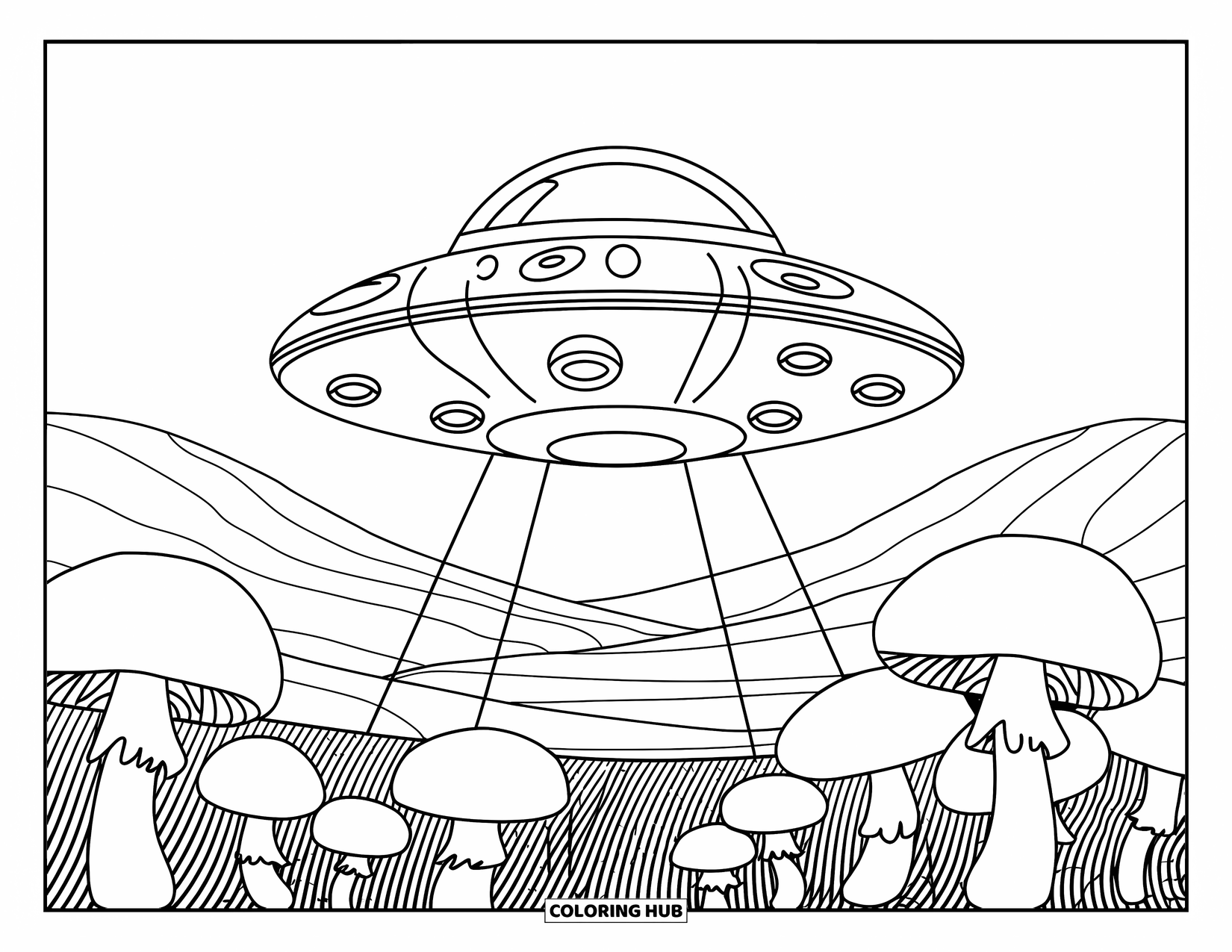 Trippy Stoner Coloring Page for Kids: A UFO glides above puffball mushrooms in rolling hills