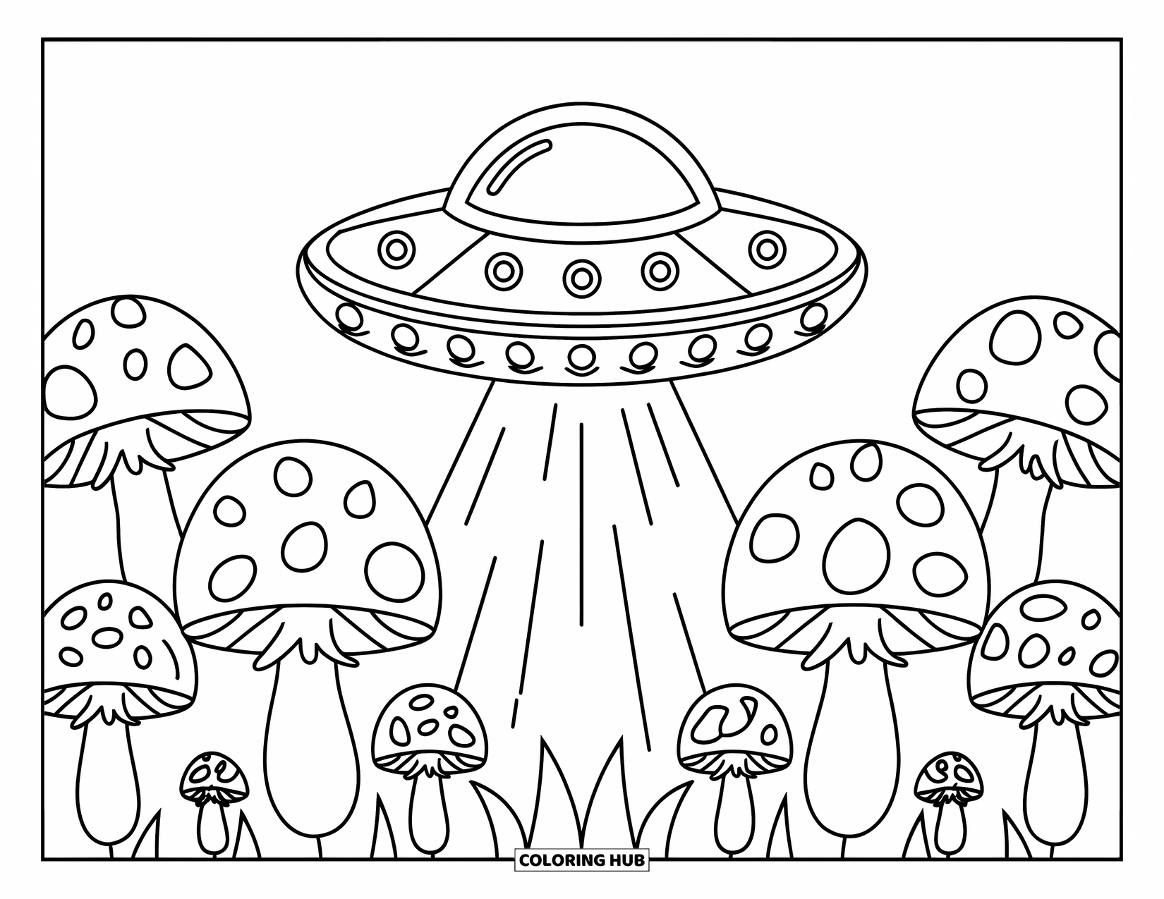 Trippy Stoner Coloring Page for Kids: A UFO hovers over a field of puffball mushrooms