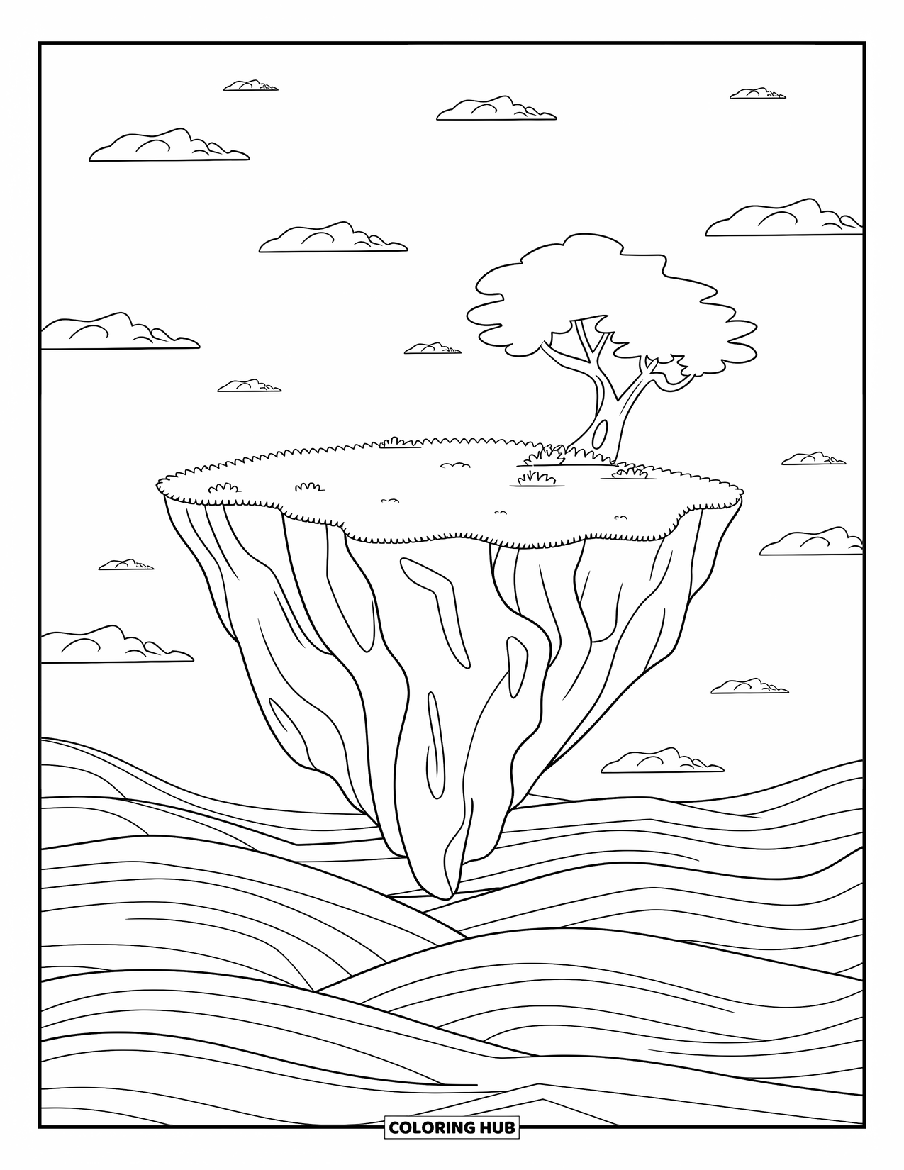 Trippy Stoner Coloring Page for Kids: An island with one tree surrounded by wavy water lines