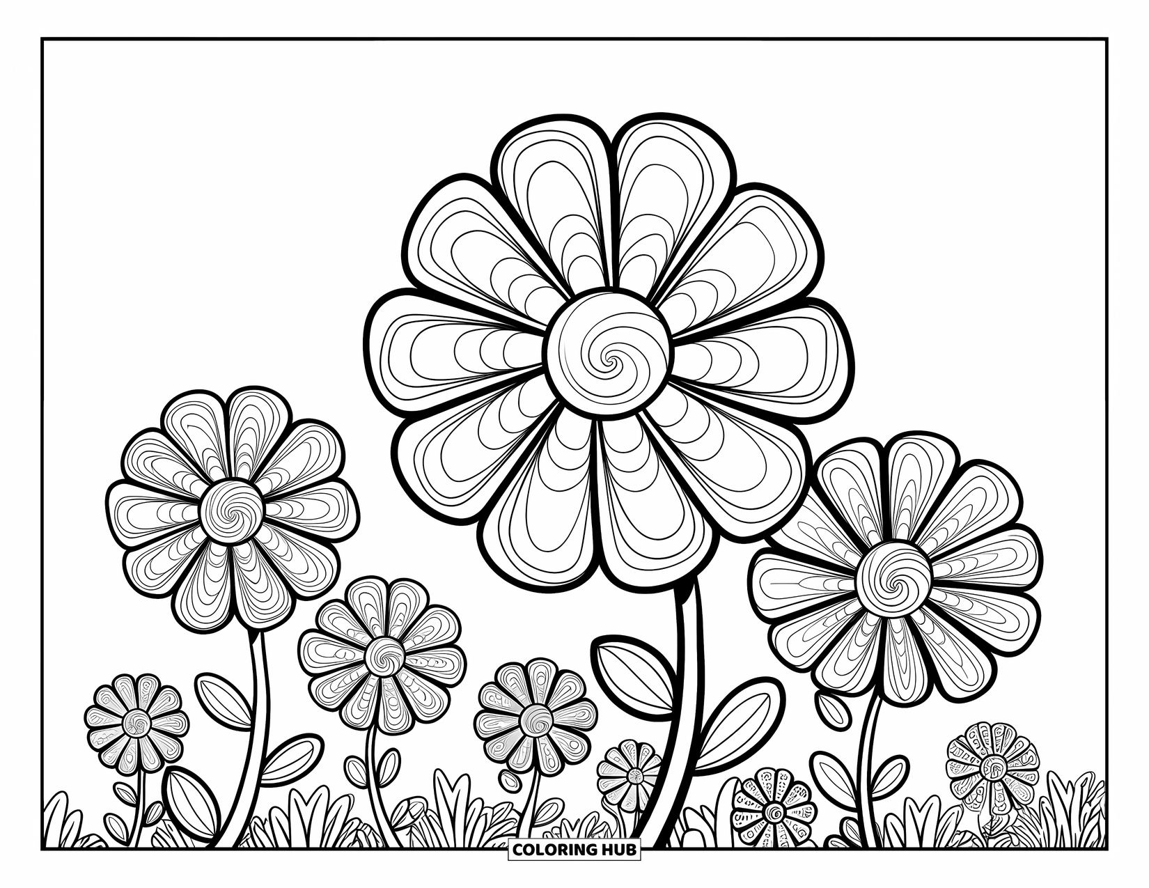 Trippy Stoner Coloring Page for Kids: Spiral flowers bloom with groovy, swirling details