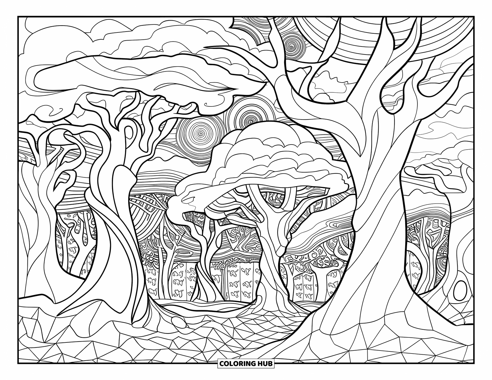 Trippy Stoner Coloring Page for Kids: Twisted trees and spiral skies create a trippy forest scene
