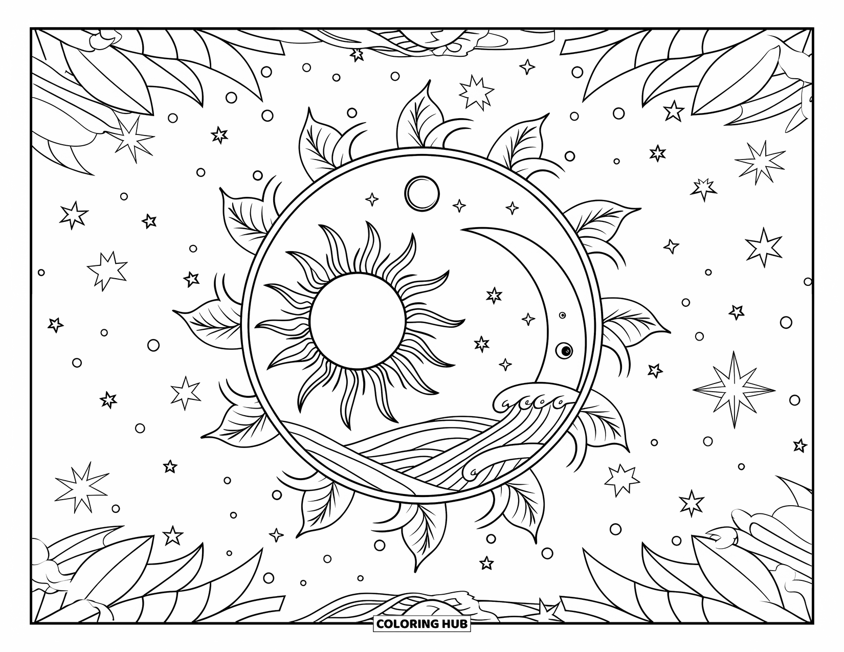 Trippy Sun And Moon Coloring Page for Adults: A circle layout with a flaming sun, wavy moon, and cosmic background