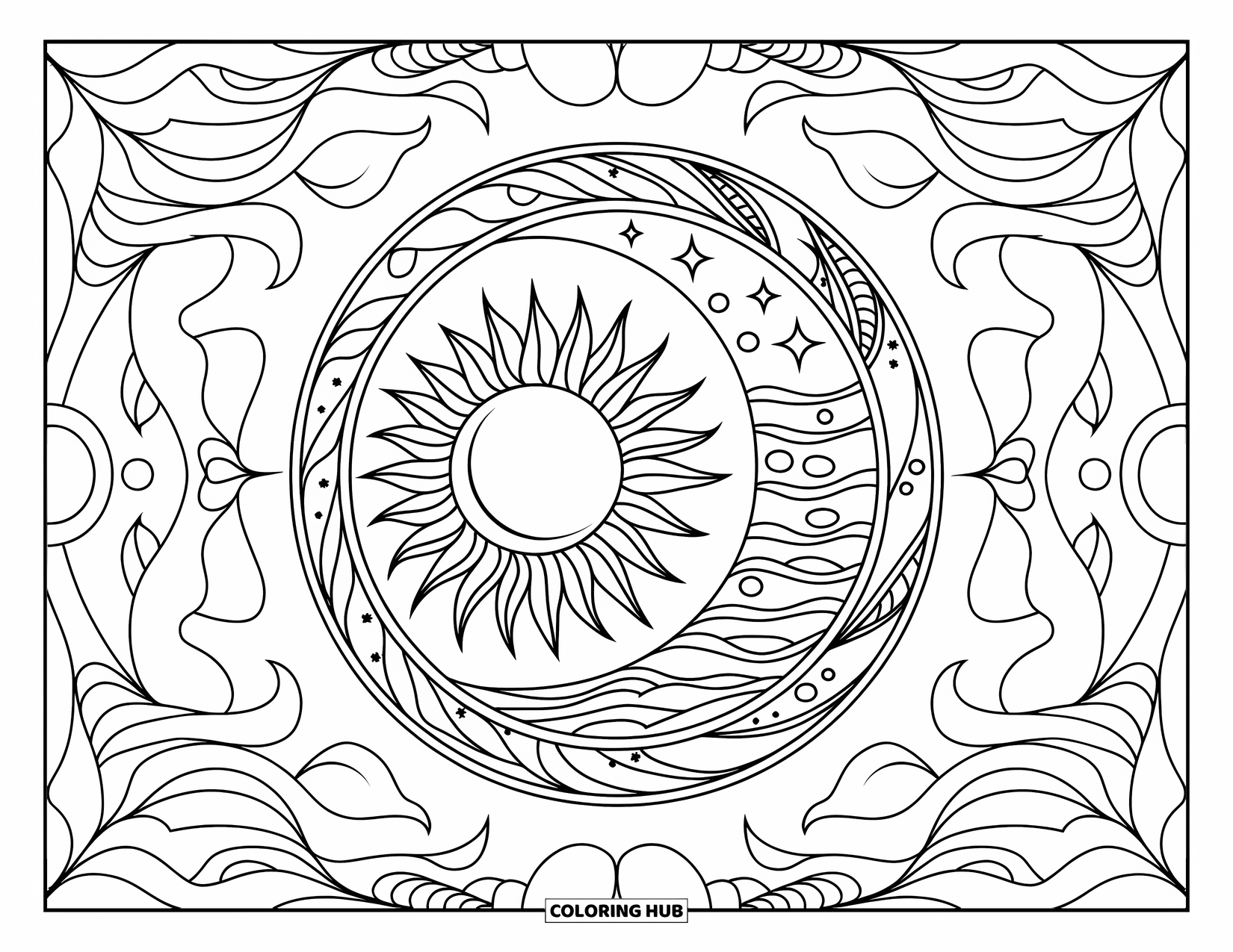 Trippy Sun And Moon Coloring Page for Adults: A circle with a fiery sun and wavy moon framed by leafy designs