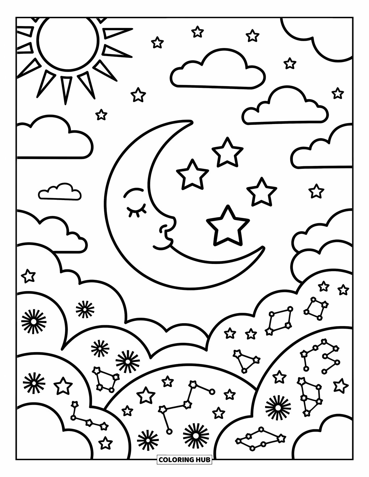 Trippy Sun And Moon Coloring Page for Adults: A crescent moon cradles stars beneath a radiant sun and wave-shaped clouds