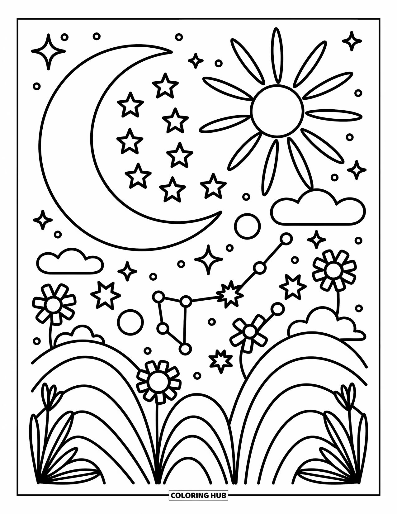 Trippy Sun And Moon Coloring Page for Adults: A crescent moon with sleepy stars, a radiant sun, and floral clouds