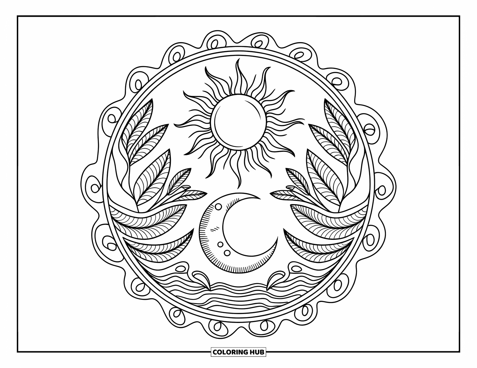 Trippy Sun And Moon Coloring Page for Adults: A flaming sun and wavy moon encircled by patterned leaves and swirls