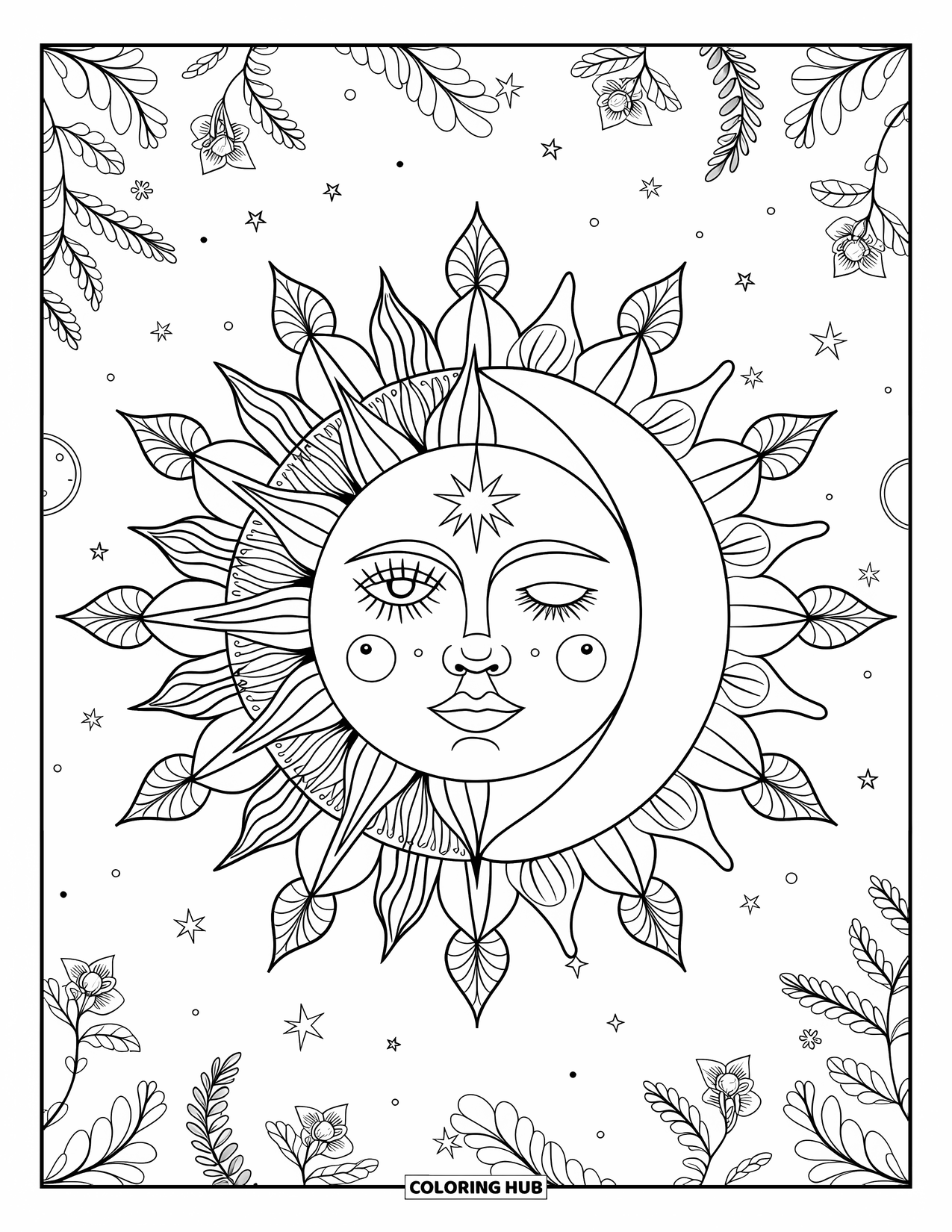 Trippy Sun And Moon Coloring Page for Adults: A half sun, half moon face surrounded by a floral mandala sky