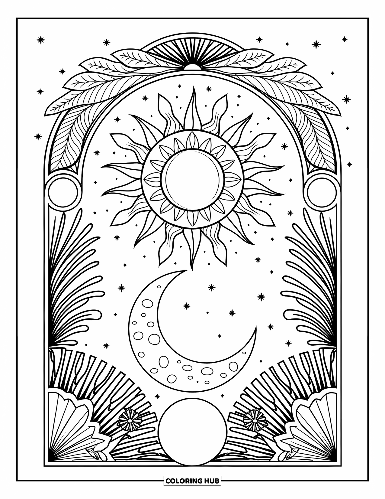 Trippy Sun And Moon Coloring Page for Adults: A layered sun and cratered moon framed by floral arcs and stars