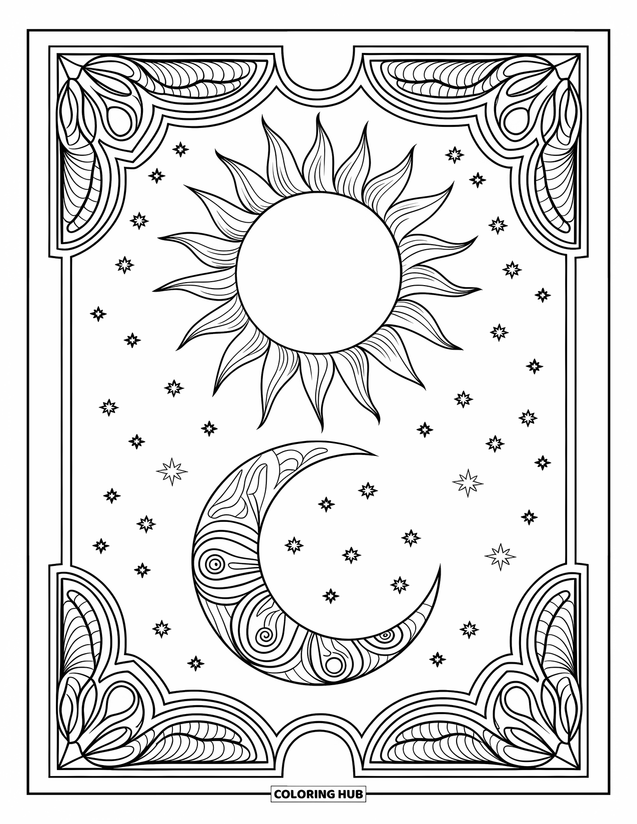 Trippy Sun And Moon Coloring Page for Adults: A patterned sun and moon framed by ornate arcs with stars