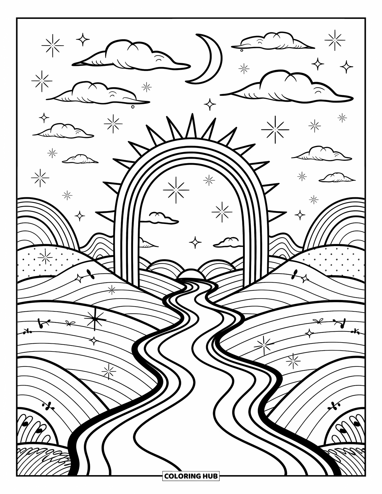 Trippy Sun And Moon Coloring Page for Adults: A river winds beneath an arch of sun and moon with swirling skies