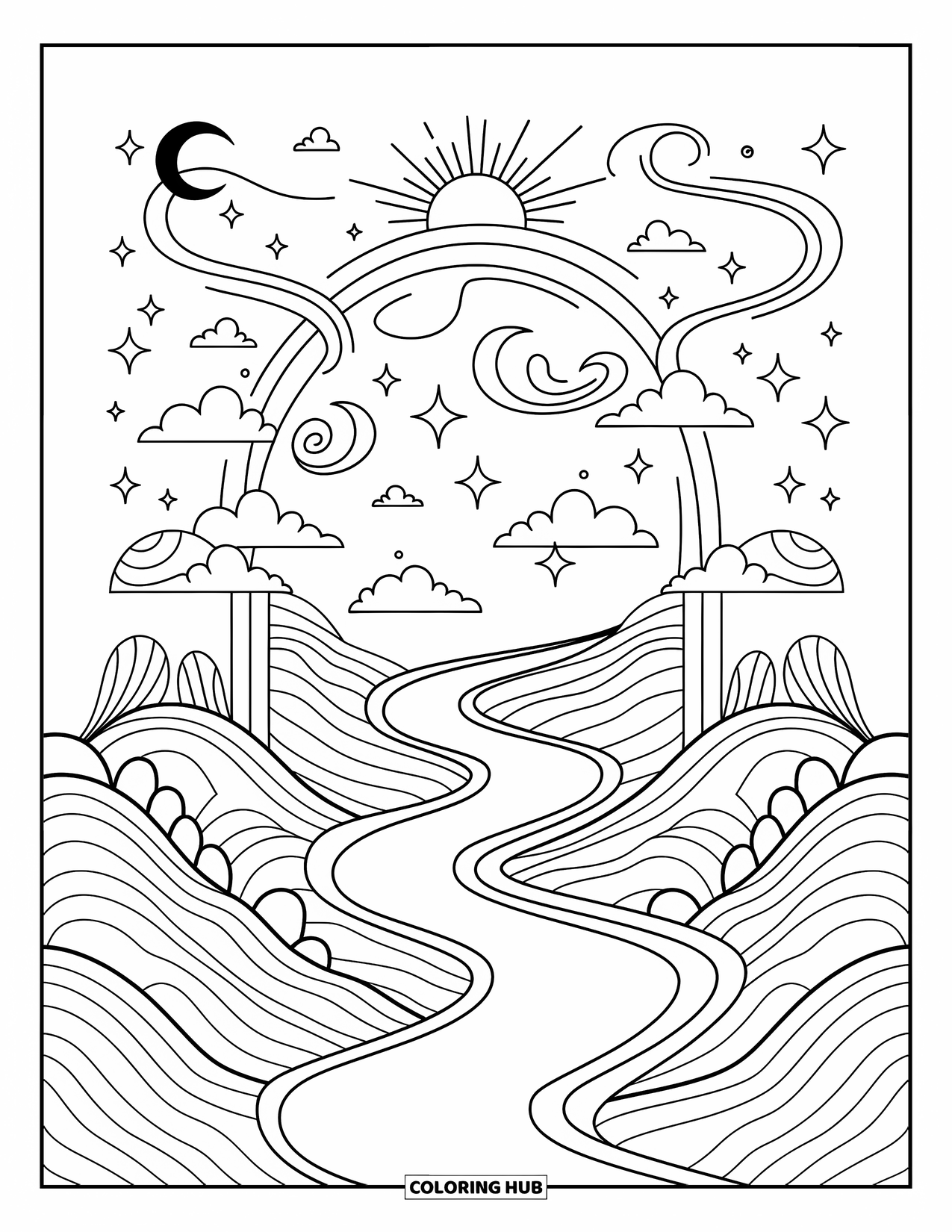 Trippy Sun And Moon Coloring Page for Adults: A river winds through hills beneath an arch of sun and crescent moon