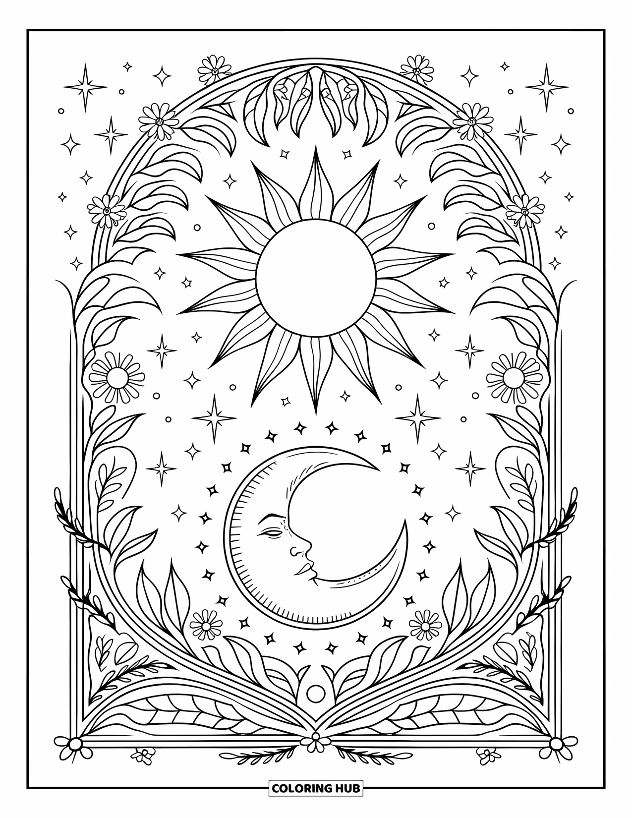 Trippy Sun And Moon Coloring Page for Adults: A sun above and moon below framed by ornate botanical arcs
