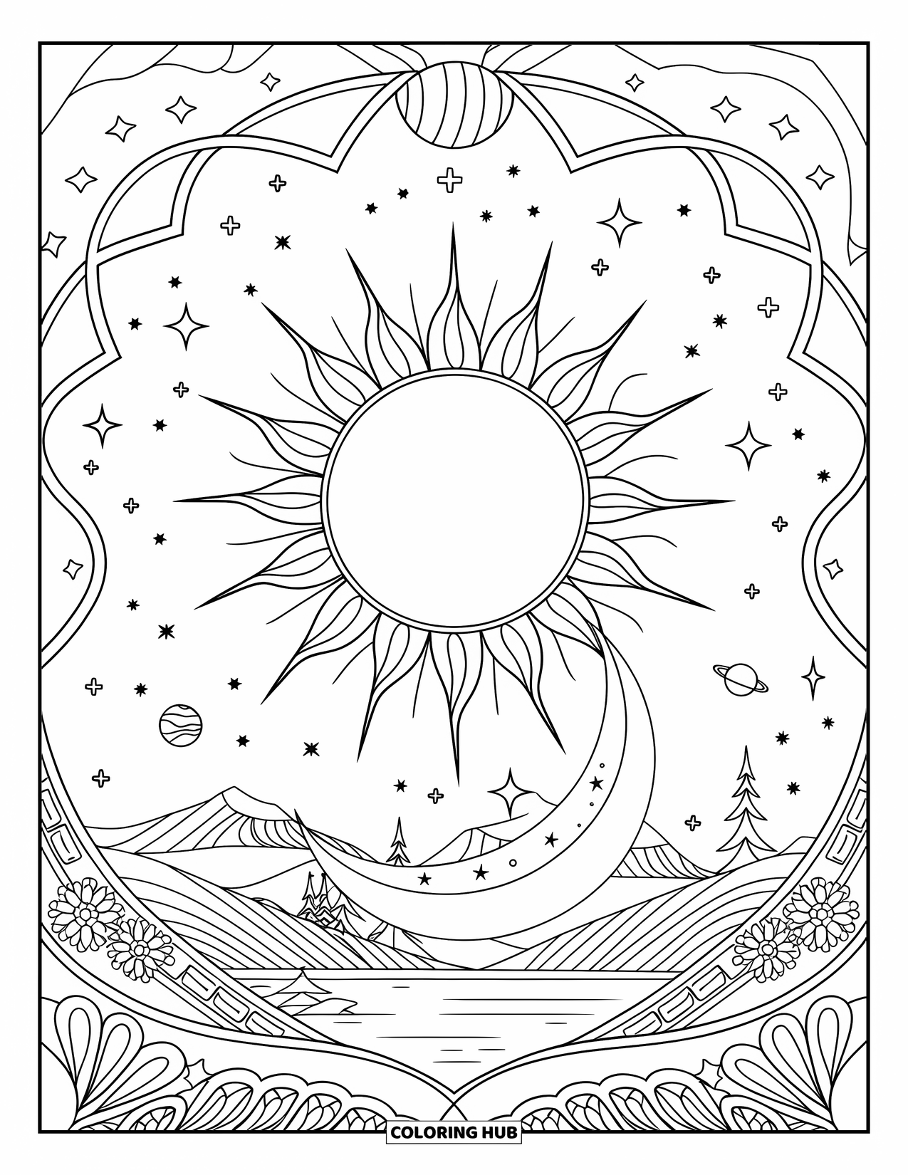 Trippy Sun And Moon Coloring Page for Adults: A sun and crescent moon framed with floral motifs, stars, and planets