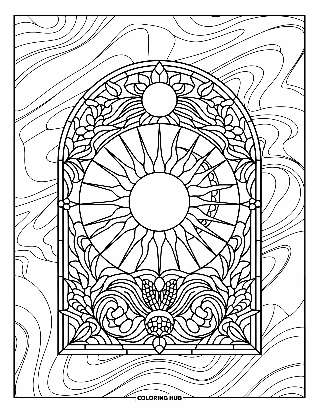 Trippy Sun And Moon Coloring Page for Adults: A sun and moon framed in stained glass with swirling celestial patterns