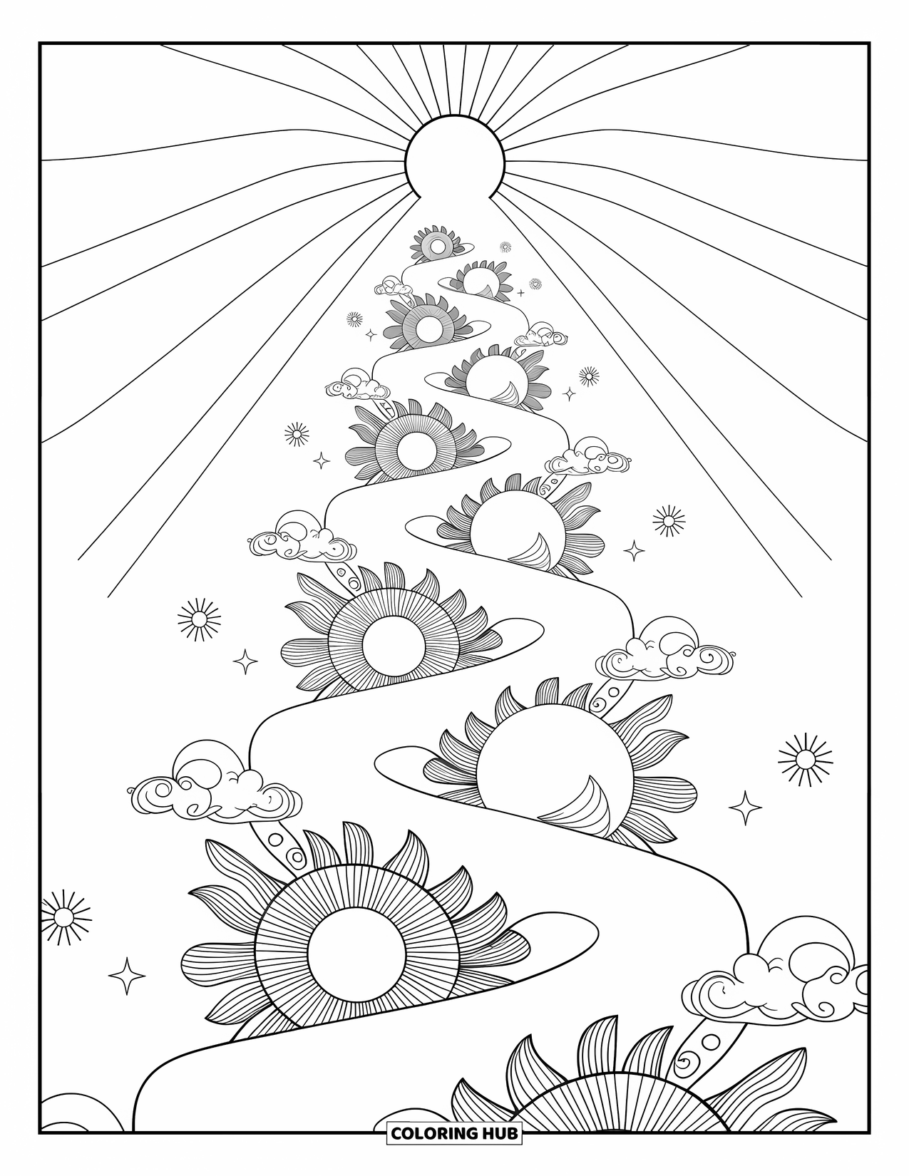 Trippy Sun And Moon Coloring Page for Adults: A vertical spiral of sun and moon climbs with clouds, stars, and blooms