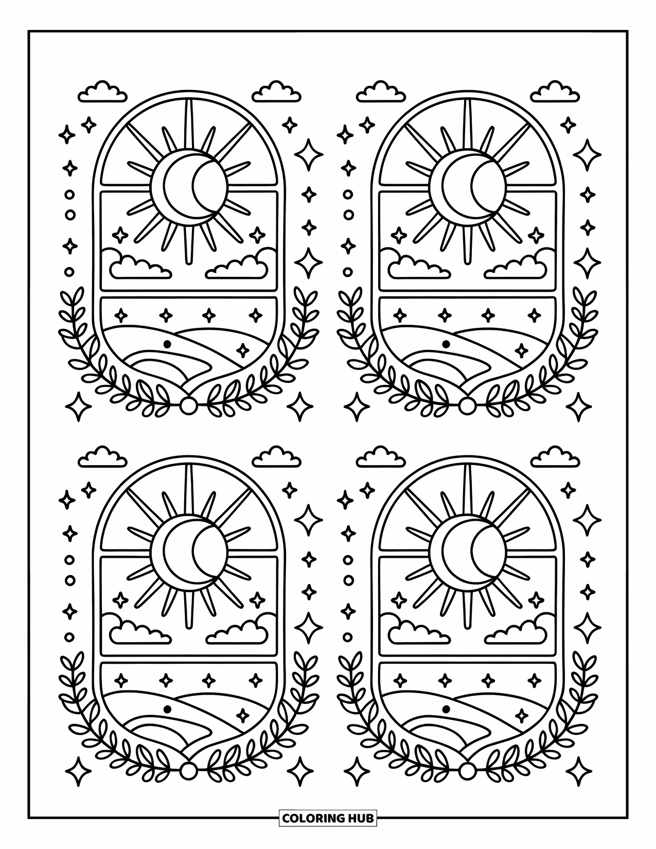 Trippy Sun And Moon Coloring Page for Adults: Four windows of sun and moon phases framed by floral borders and spark trails