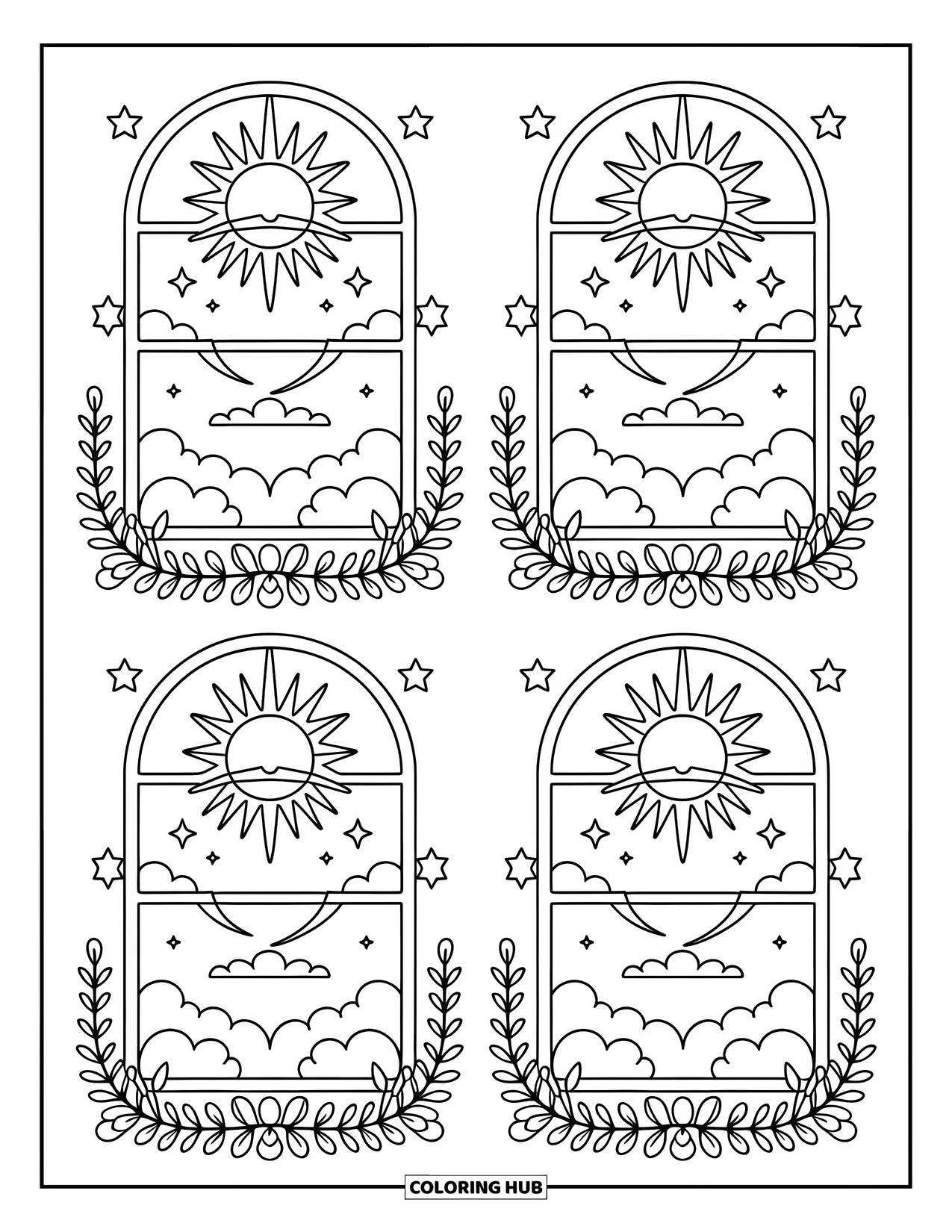 Trippy Sun And Moon Coloring Page for Adults: Four windows of time with sun, moon, clouds, and swirling sky motifs