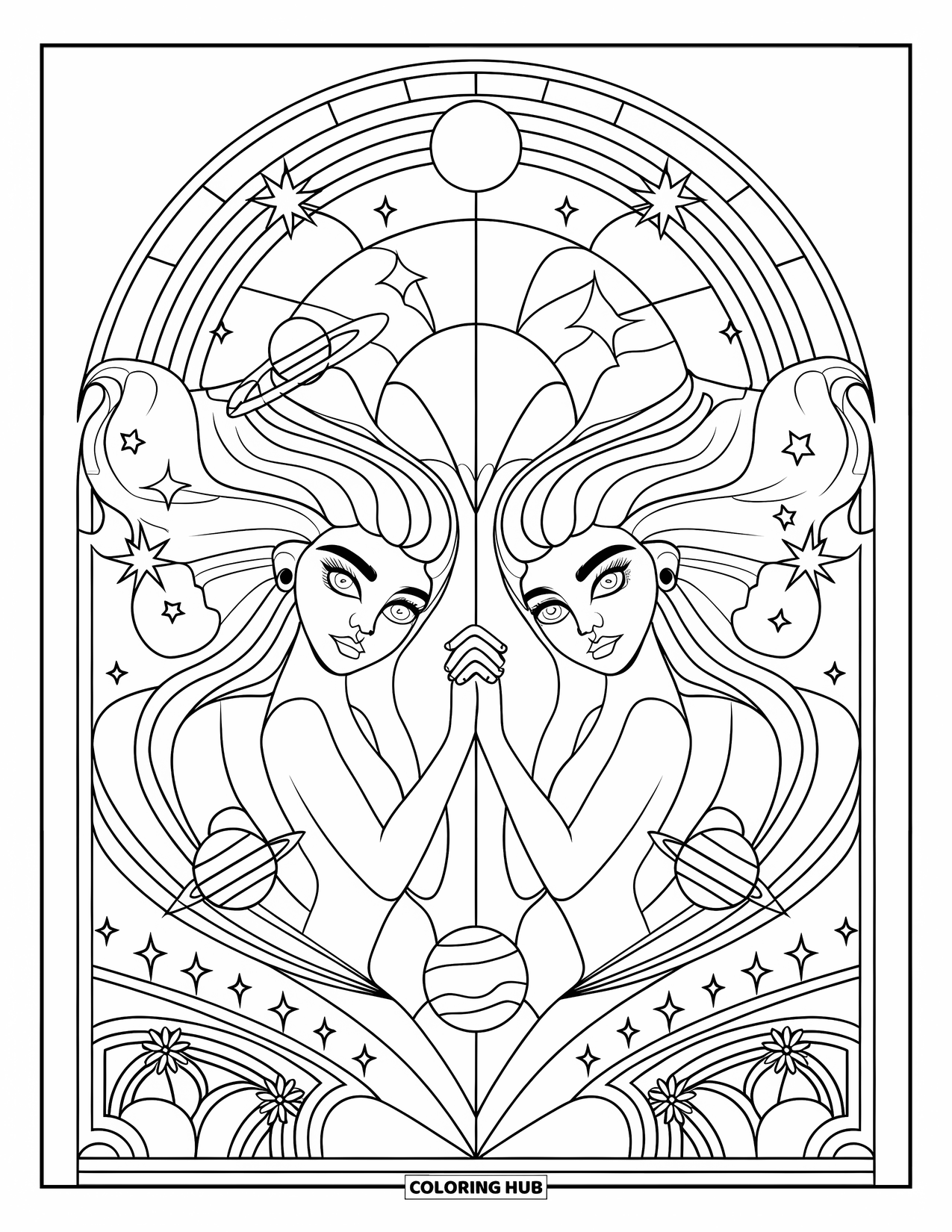 Trippy Sun And Moon Coloring Page for Adults: Two celestial beings with big eyes hold hands among stars and rainbows