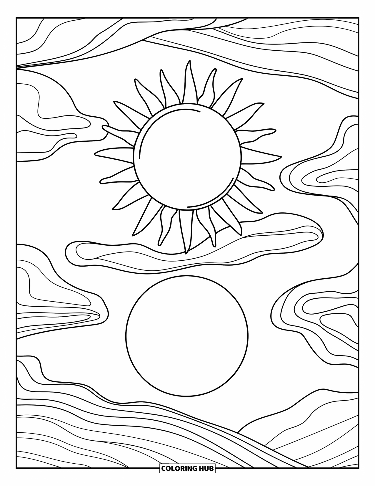 Trippy Sun And Moon Coloring Page for Kids: A big sun above a moon with swirling clouds in between