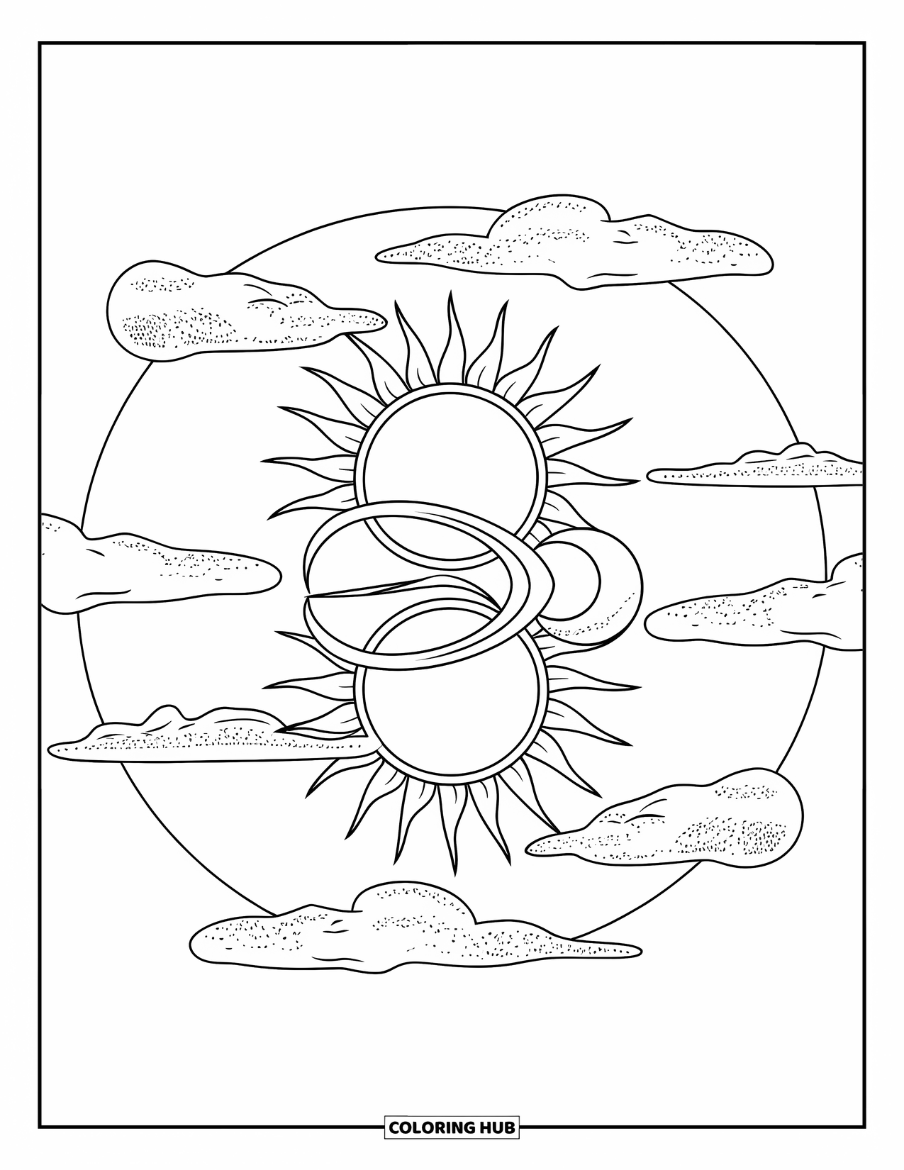 Trippy Sun And Moon Coloring Page for Kids: A circle design with sun and moon joined by a snake-like line