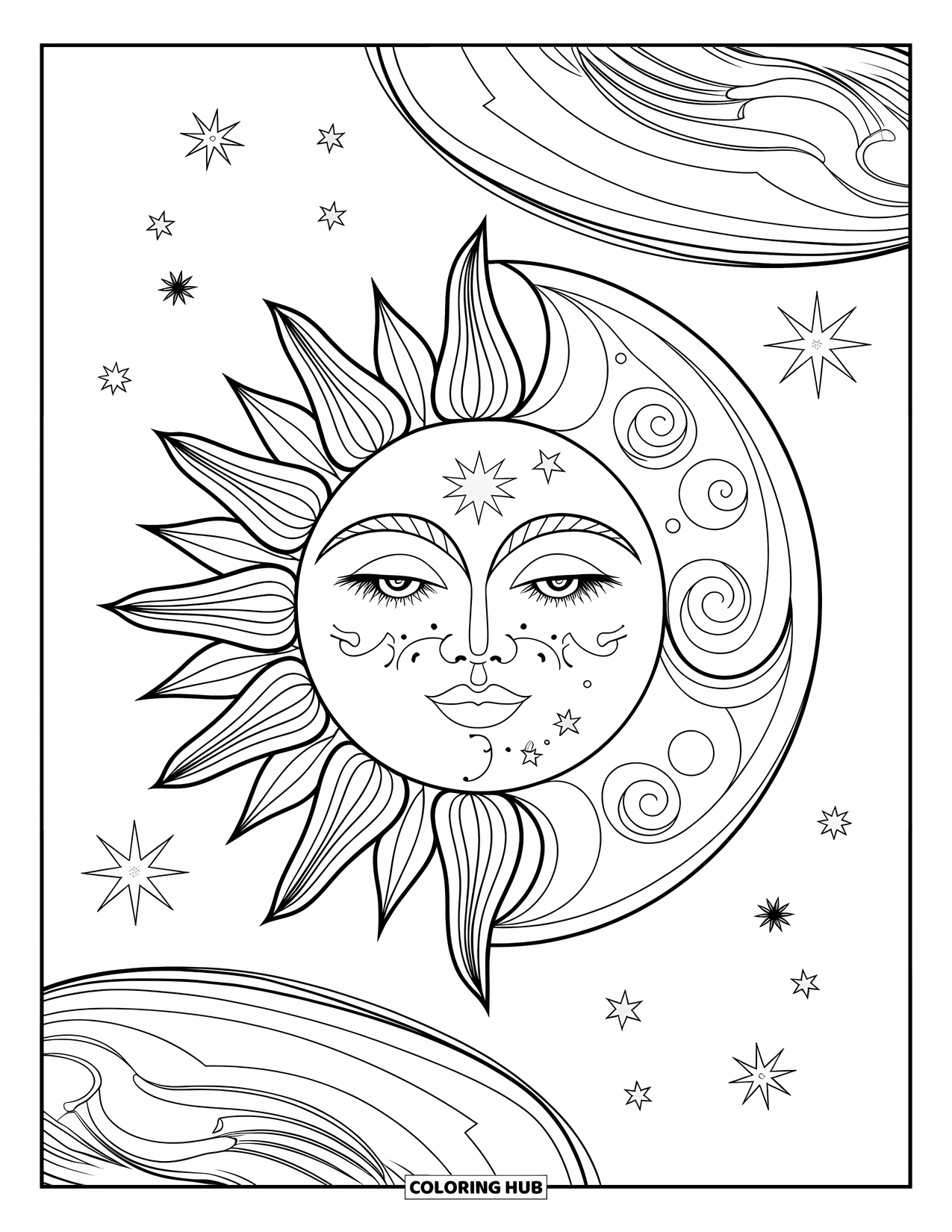 Trippy Sun And Moon Coloring Page for Kids: A half sun, half moon face surrounded by swirls and stars