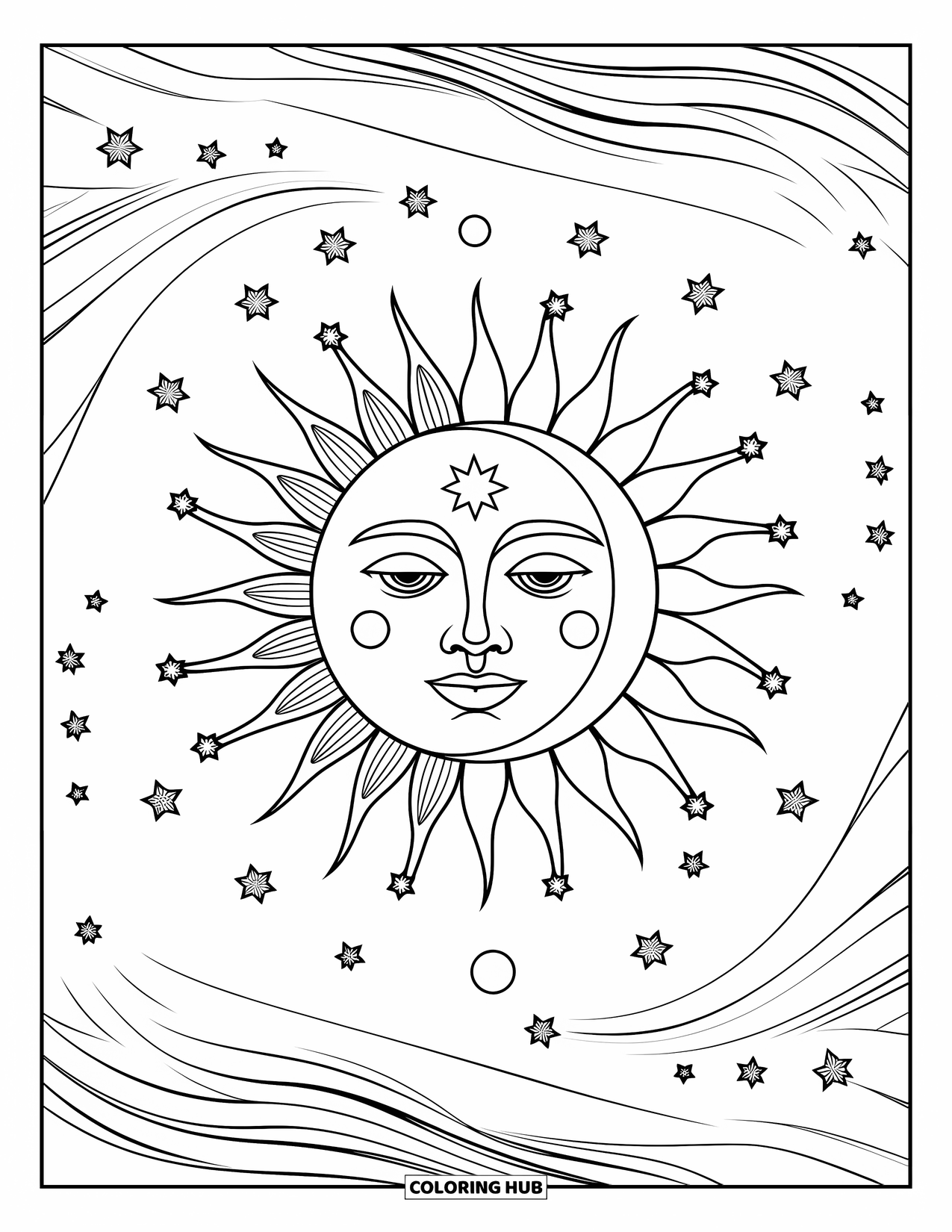 Trippy Sun And Moon Coloring Page for Kids: A half sun, half moon face with swirls and floating stars