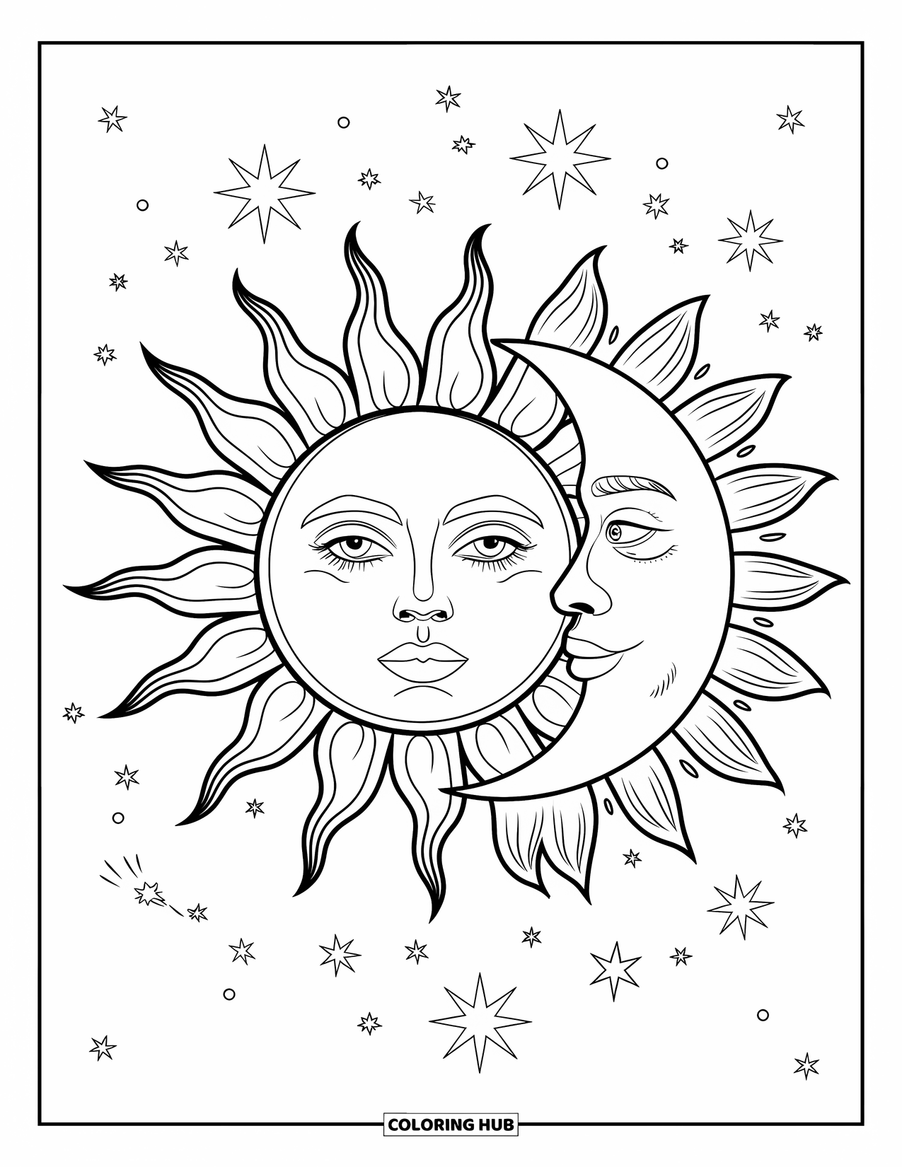 Trippy Sun And Moon Coloring Page for Kids: A large sun and moon with stars and sparkles nearby