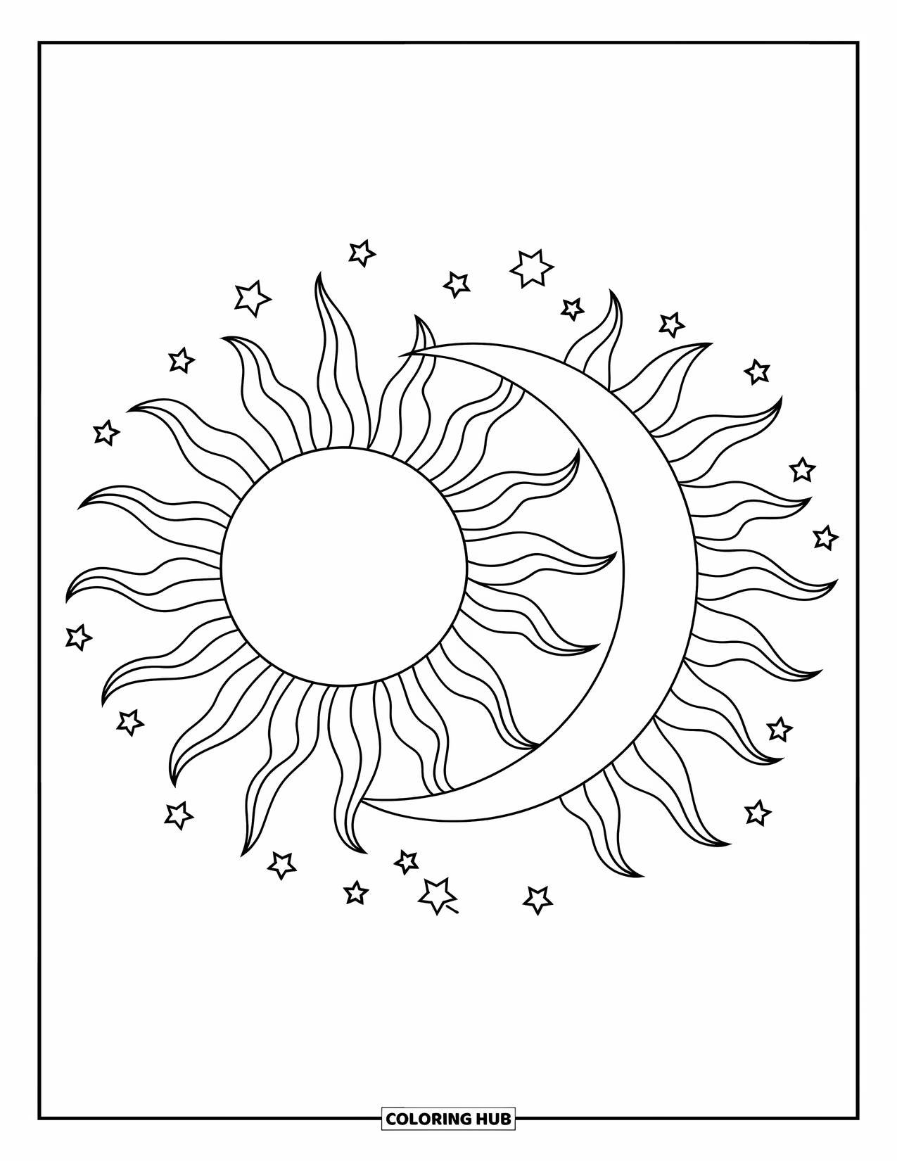 Trippy Sun And Moon Coloring Page for Kids: A preschool-friendly sun and crescent moon facing each other