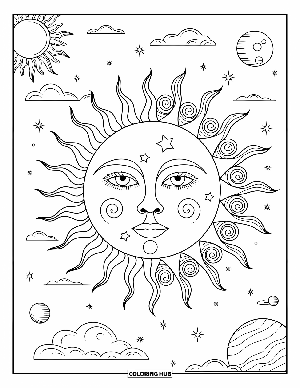 Trippy Sun And Moon Coloring Page for Kids: A serene half sun, half moon face with stars and planets