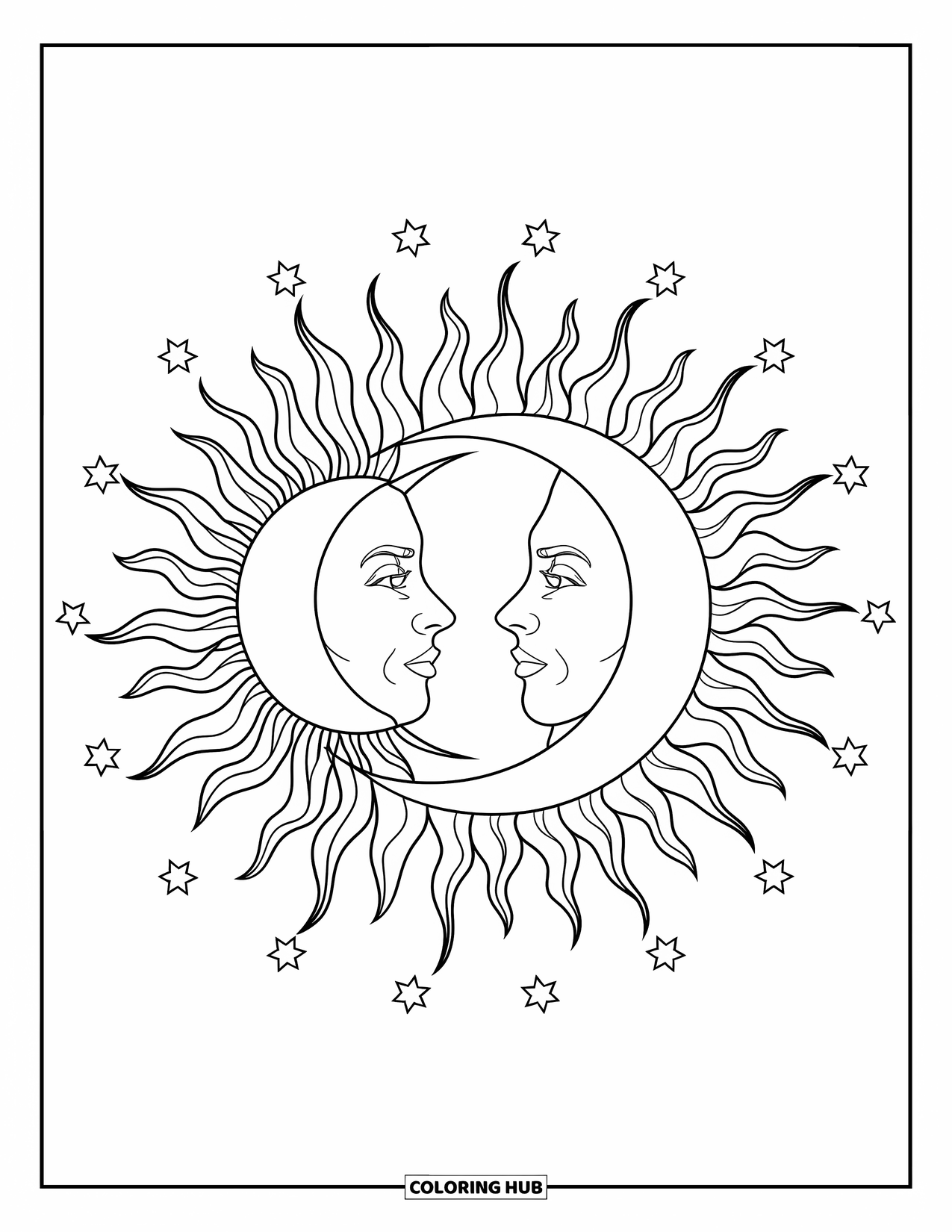Trippy Sun And Moon Coloring Page for Kids: A sun and crescent moon face each other with stars around