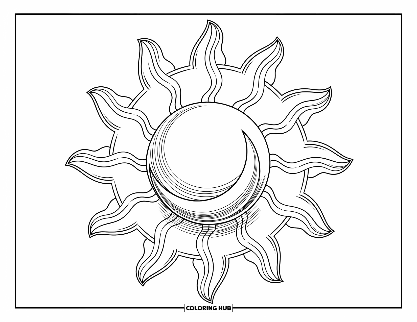 Trippy Sun And Moon Coloring Page for Kids: A sun and moon joined by spiral lines with stars around