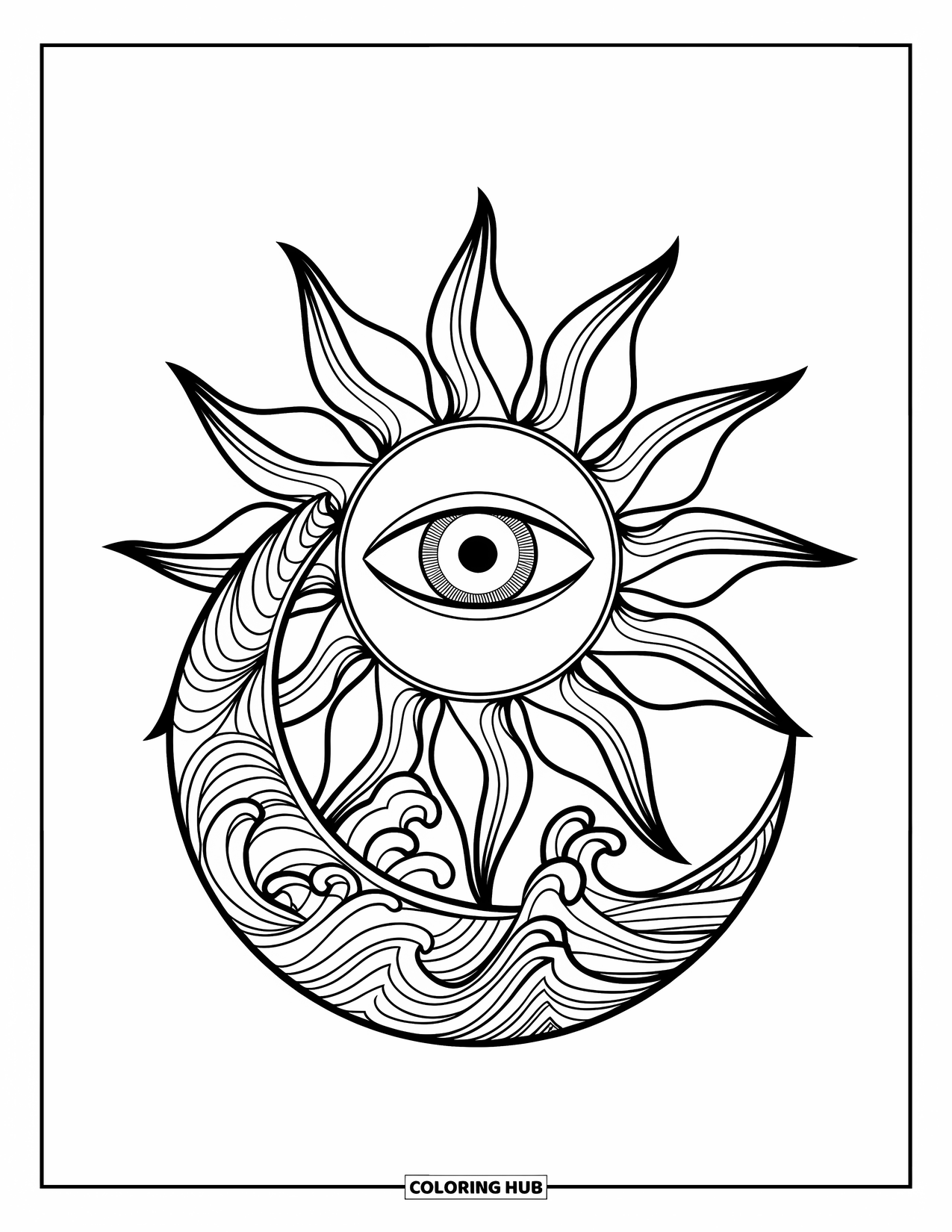 Trippy Sun And Moon Coloring Page for Kids: A sun with a central eye beside a crescent moon and waves