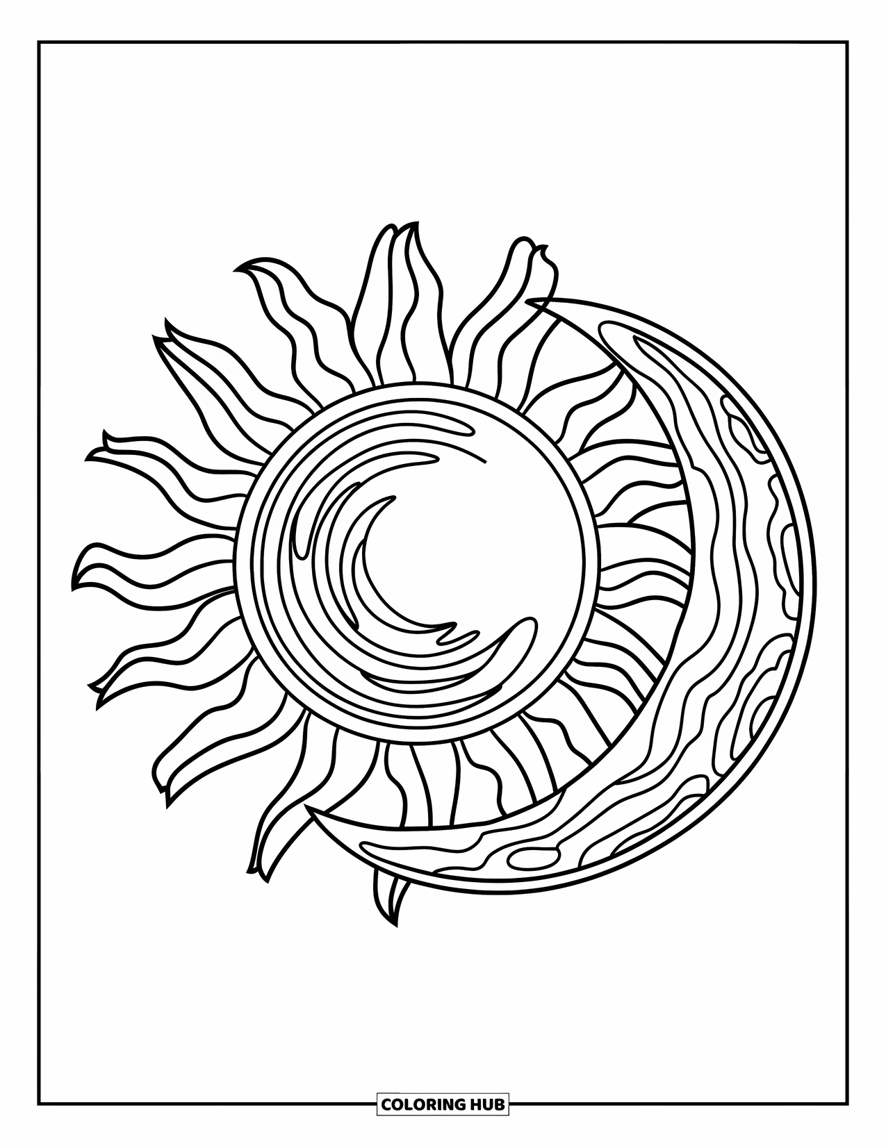 Trippy Sun And Moon Coloring Page for Kids: A sun with spiral rays next to a moon with rings