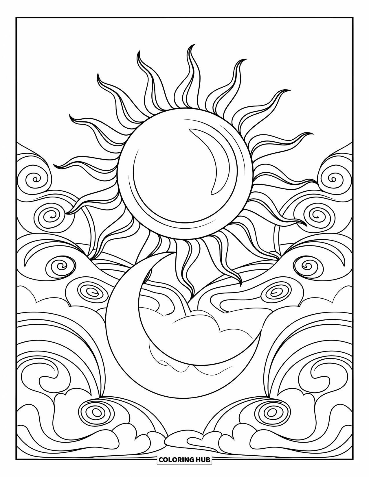 Trippy Sun And Moon Coloring Page for Kids: A swirly sun above a moon with cloud patterns between