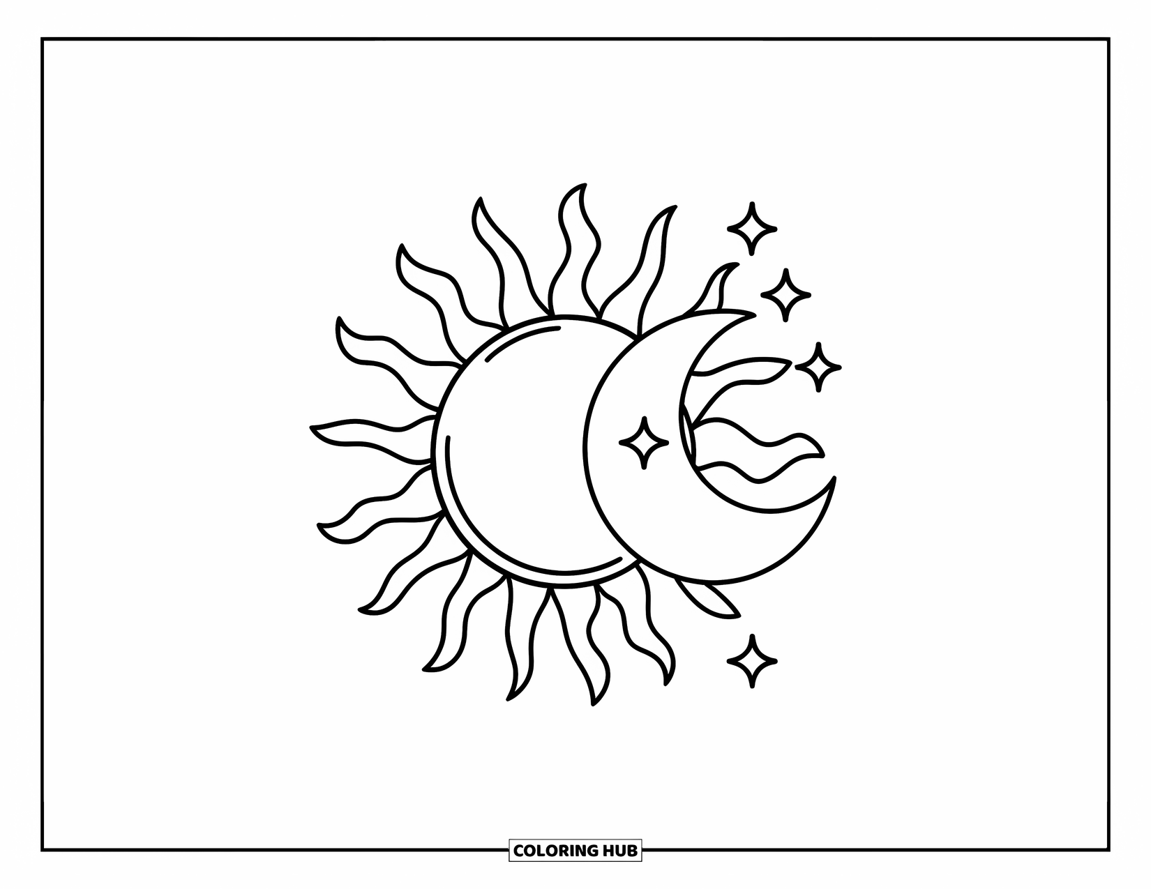 Trippy Sun And Moon Coloring Page for Kids: A trippy sun and crescent moon with small stars nearby