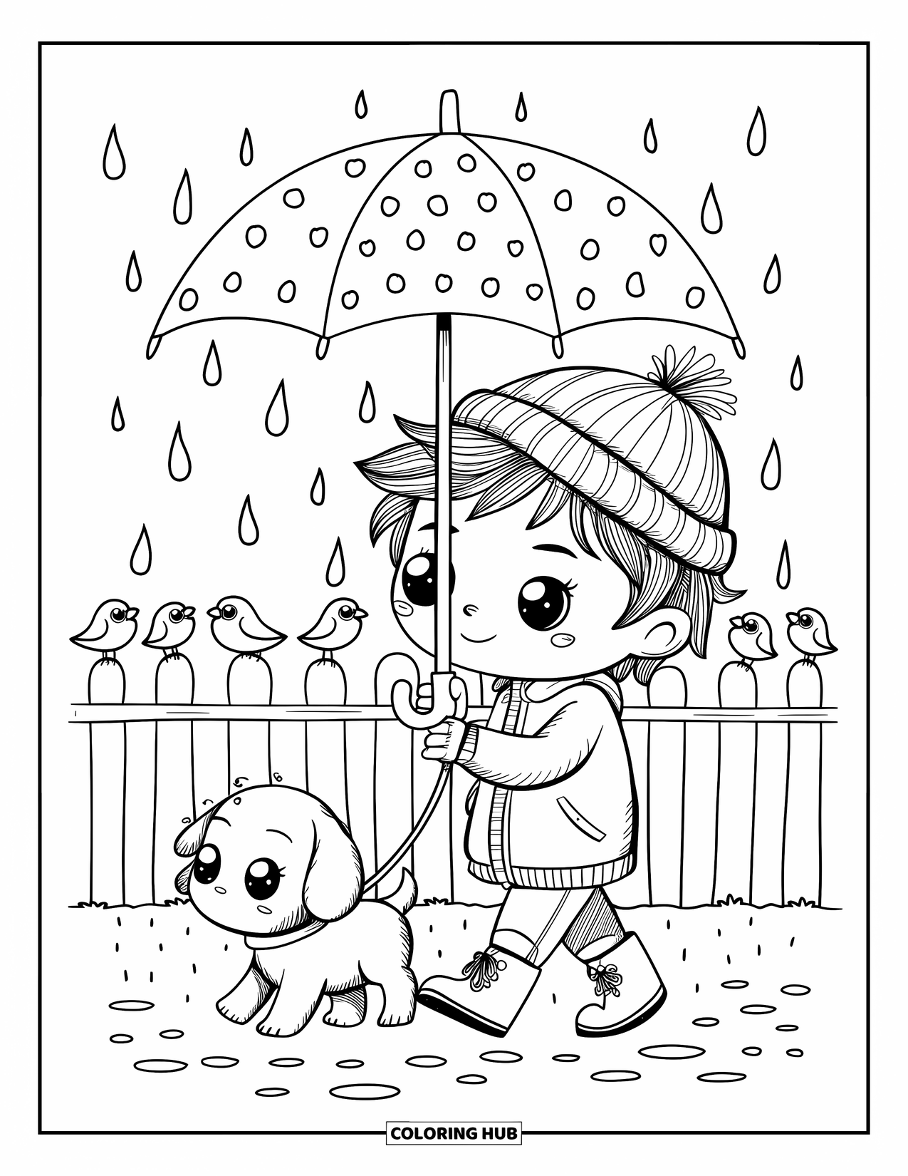 Umbrella Coloring Page for Adults: A boy and his puppy in boots walk under an umbrella while birds watch from a fence