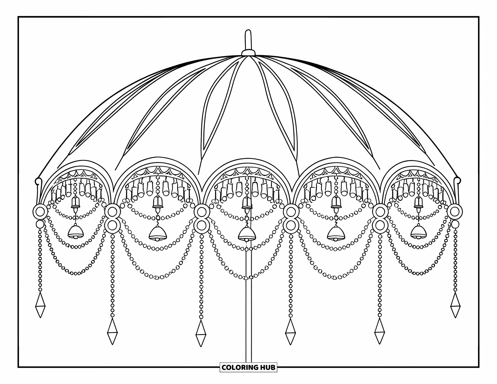 Umbrella Coloring Page for Adults: A canopy umbrella with chimes and crystals offers a relaxing and decorative scene