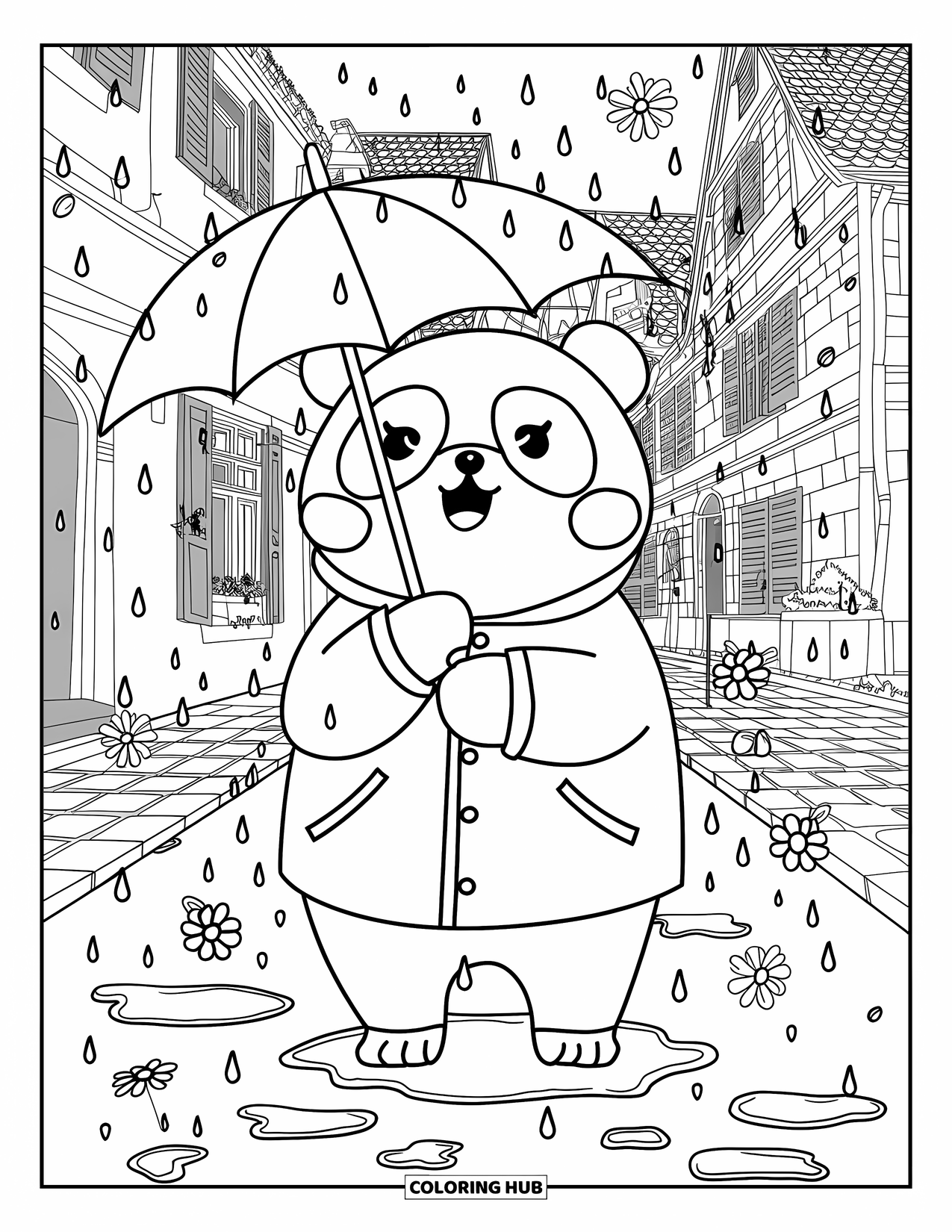 Umbrella Coloring Page for Adults: A cheerful panda in a raincoat stands in a breezy village with puddles and flower petals