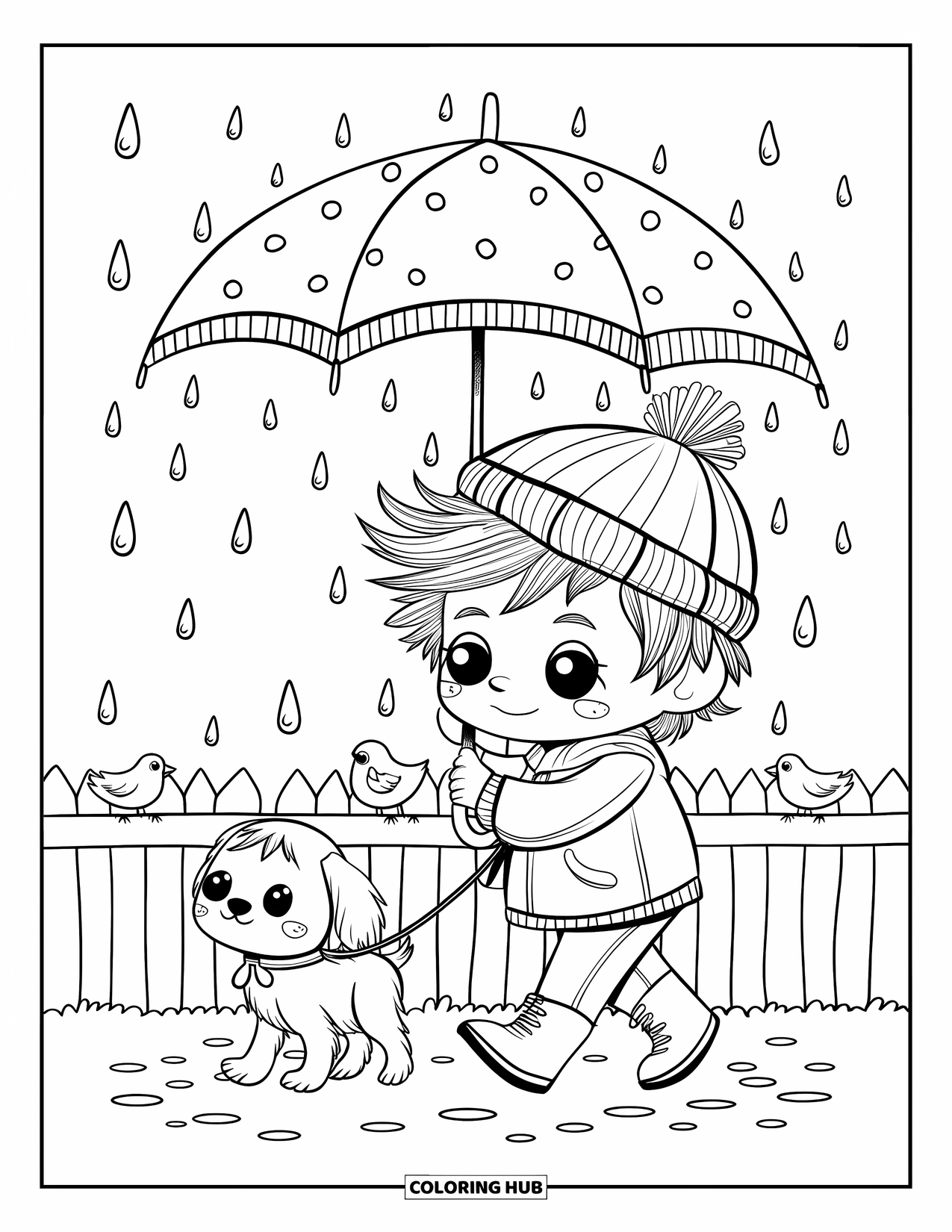 Umbrella Coloring Page for Adults: A chibi boy walks his puppy under a polka-dot umbrella with raindrops and tiny birds nearby