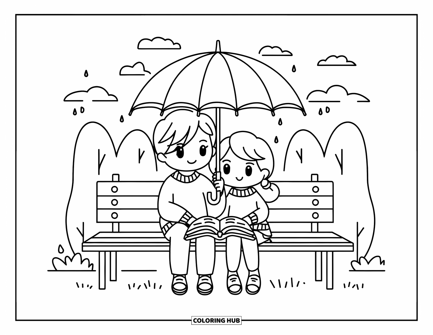 Umbrella Coloring Page for Adults: A chibi couple sits close under an umbrella with an open book and soft drizzle