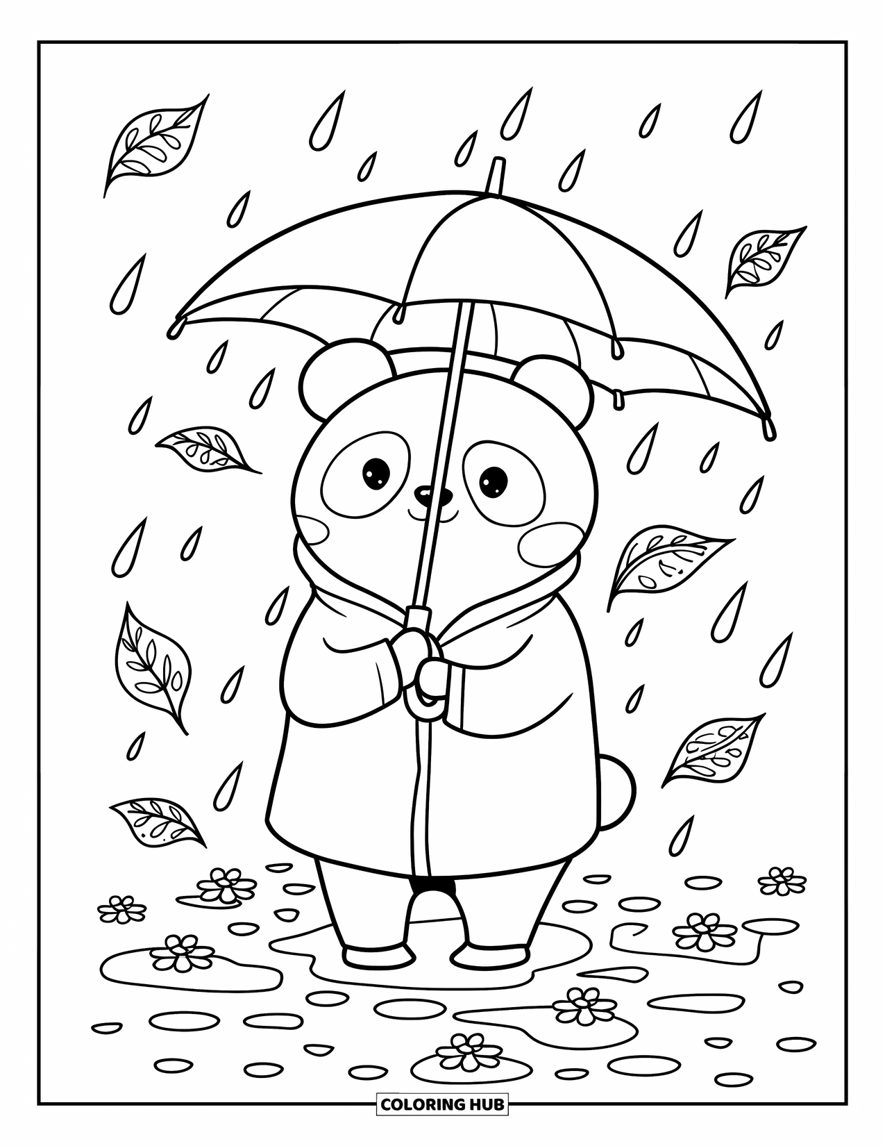Umbrella Coloring Page for Adults: A chubby panda in a raincoat stands on cobblestones with petals, puddles, and drifting leaves