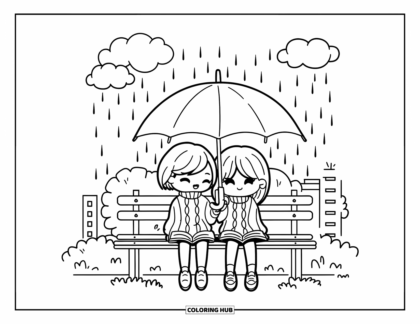 Umbrella Coloring Page for Adults: A couple in matching sweaters reads together under an umbrella on a rainy park bench