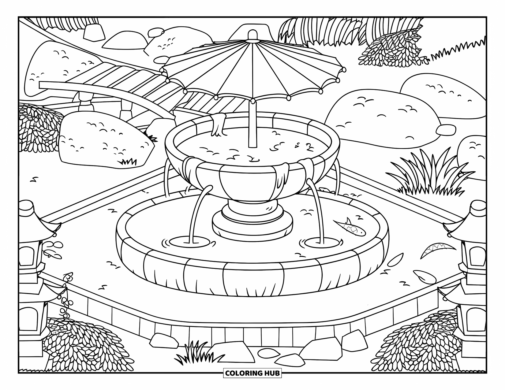 Umbrella Coloring Page for Adults: A fountain shaped like an umbrella flows beside koi ponds, lanterns, rocks, and a wooden bridge