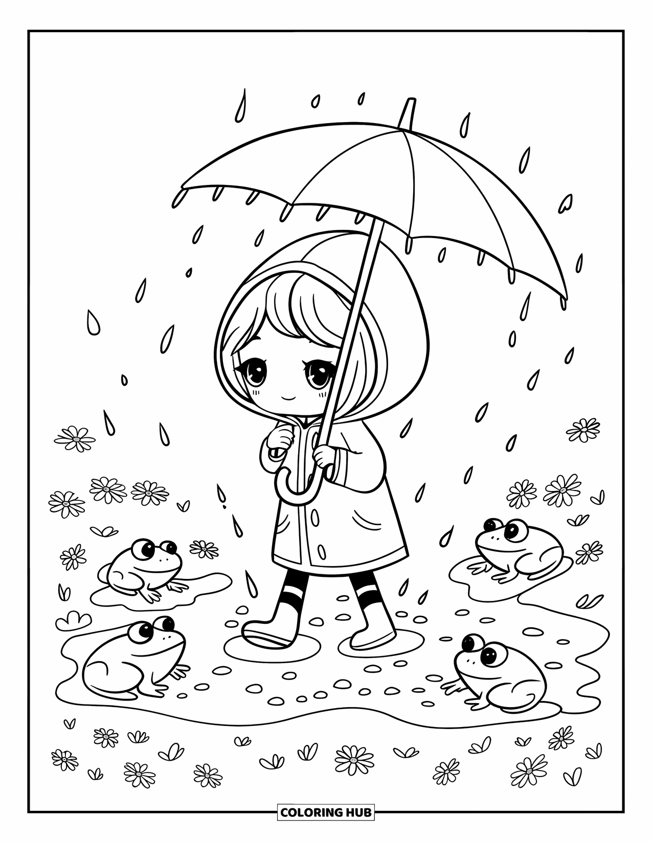 Umbrella Coloring Page for Adults: A girl in a hooded raincoat tiptoes through a puddle surrounded by frogs and petals