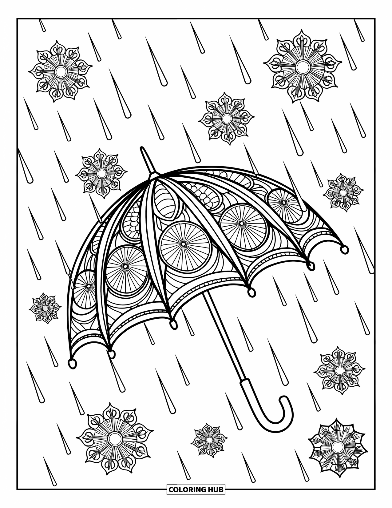 Umbrella Coloring Page for Adults: A patterned umbrella floats with mandala shapes and soft rain falling around it