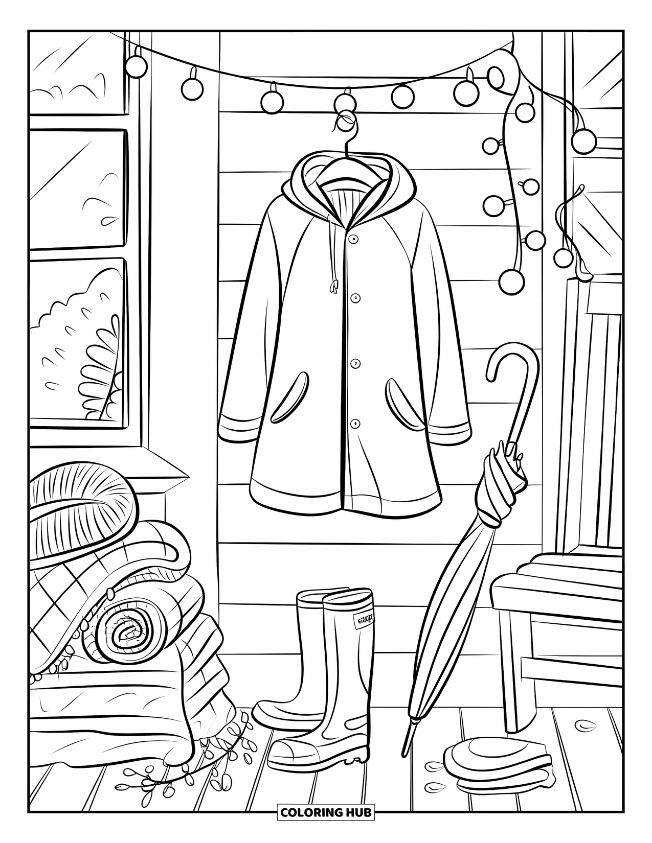 Umbrella Coloring Page for Adults: A porch scene with an umbrella, boots, string lights, and a raincoat hanging nearby